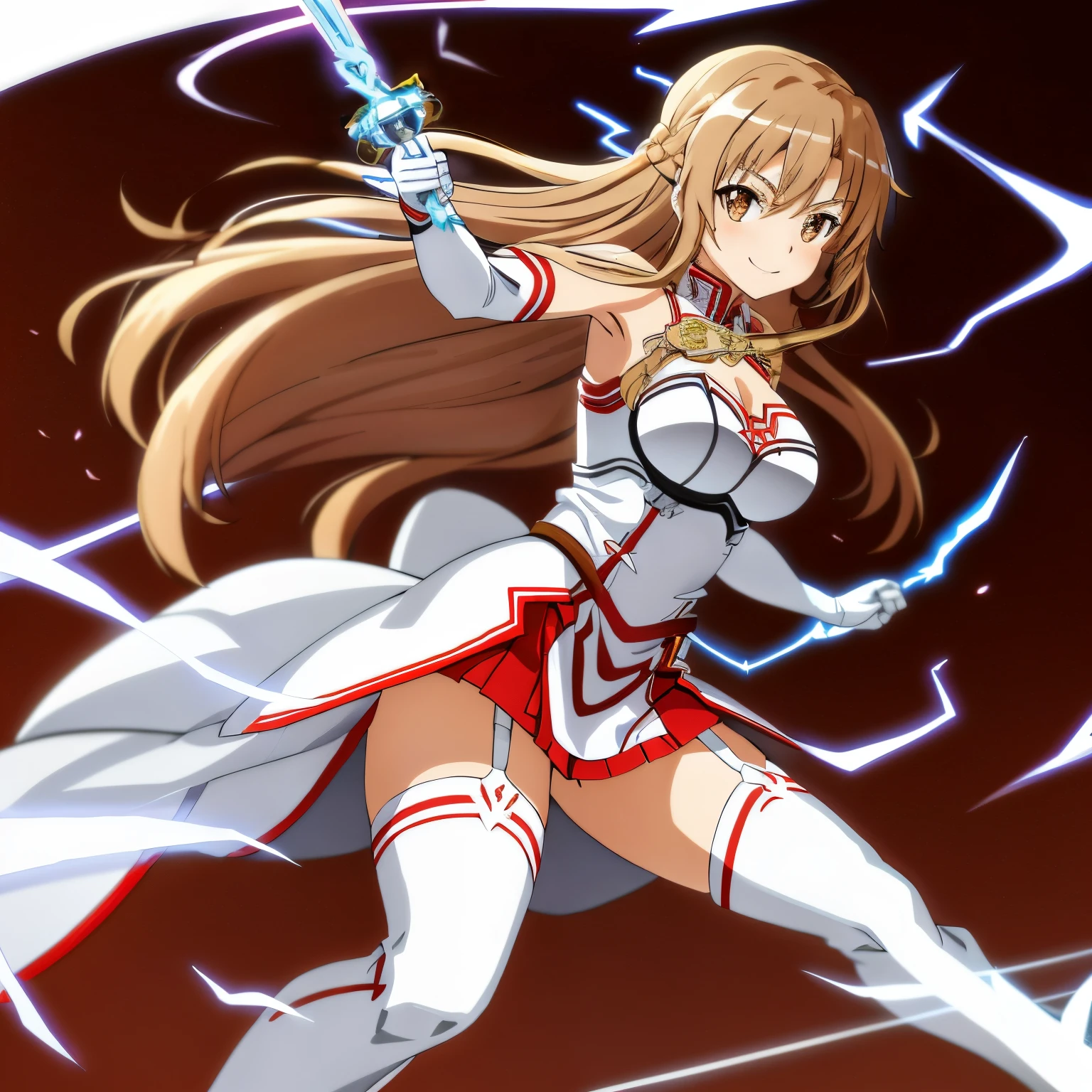 masuter piece, Best Quality, 超A high resolution, top-quality, Anime style, The best lighting, Beautiful face, Asuna Yuki, perfect anatomia, ultra-detailliert, 1girl in, Solo, breasts, athletic bodies, Good hands, Long hair, medium breasts, Looking at Viewer, Bangs, Brown hair, thighs thighs thighs thighs, gloves, Dress, cleavage, Bare shoulders, Brown eyes, Very long hair, cross one's legs, White Gloves, White Dress, white breastplate armor, white thighhig, garter strap, White armor, Face Focus, beautiful smiling face, Have a rapier, (white flash effect:1.3)