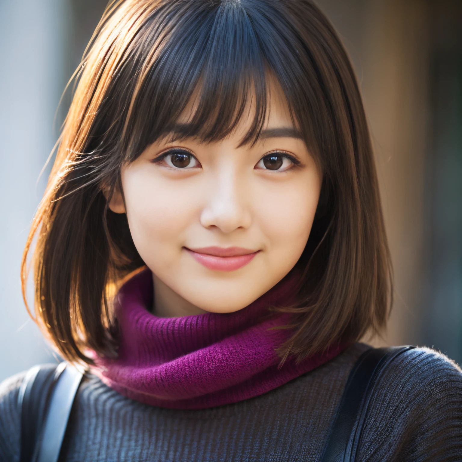 Best-quality, Masterpiece, Ultra-High-Resolution, (Photorealistic:1.4), Raw-Photo, Extremely-Details, Perfect-Anatomy, 1girl, 18-years-old, the most famous Japanese idol, portrait, looking at viewer, innocent smile, wearing very tight pink turtleneck sweater, detailed extremely cute face like a most popular Japanese idol, detailed extremely beautiful big black solid circle eyes, detailed extremely beautiful black short-cut-haired, detailed extremely beautiful realistic skins, detailed extremely beautiful big breasts, detailed very tight pink turtleneck sweater