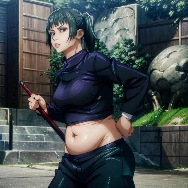 art by kipteitei, 1girl, dark green hair , straight hair, maki zen’in from the anime jujutsu kaisen, chubby, belly, pretty face, nose, lips, beautiful eyes, (best quality, masterpiece, 4k, sharp focus), professional photograph, sharp focus, dramatic, award winning, cinematic lighting, octane render, unreal engine, volumetrics dtx, anime style,