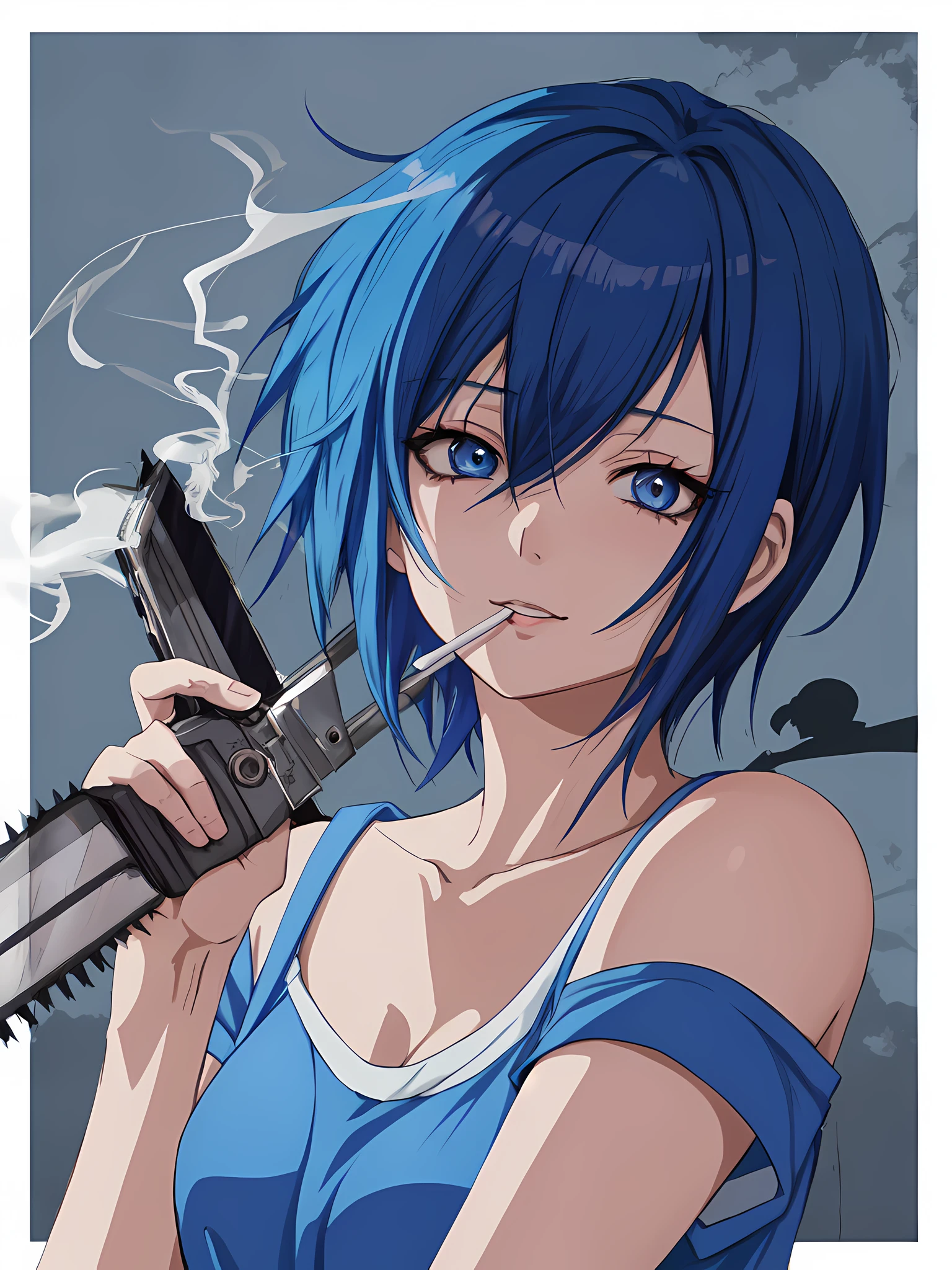 anime girl with blue hair smoking a cigarette in a frame, 2 d anime style, short blue haired woman, [[[[grinning evily]]]], anime moe artstyle, art, anime style portrait, chainsaw man anime style, Himeno character, anime shadow style, anime colors, Himeno smoking cigarette, clear colors and shadows, Himeno character face.