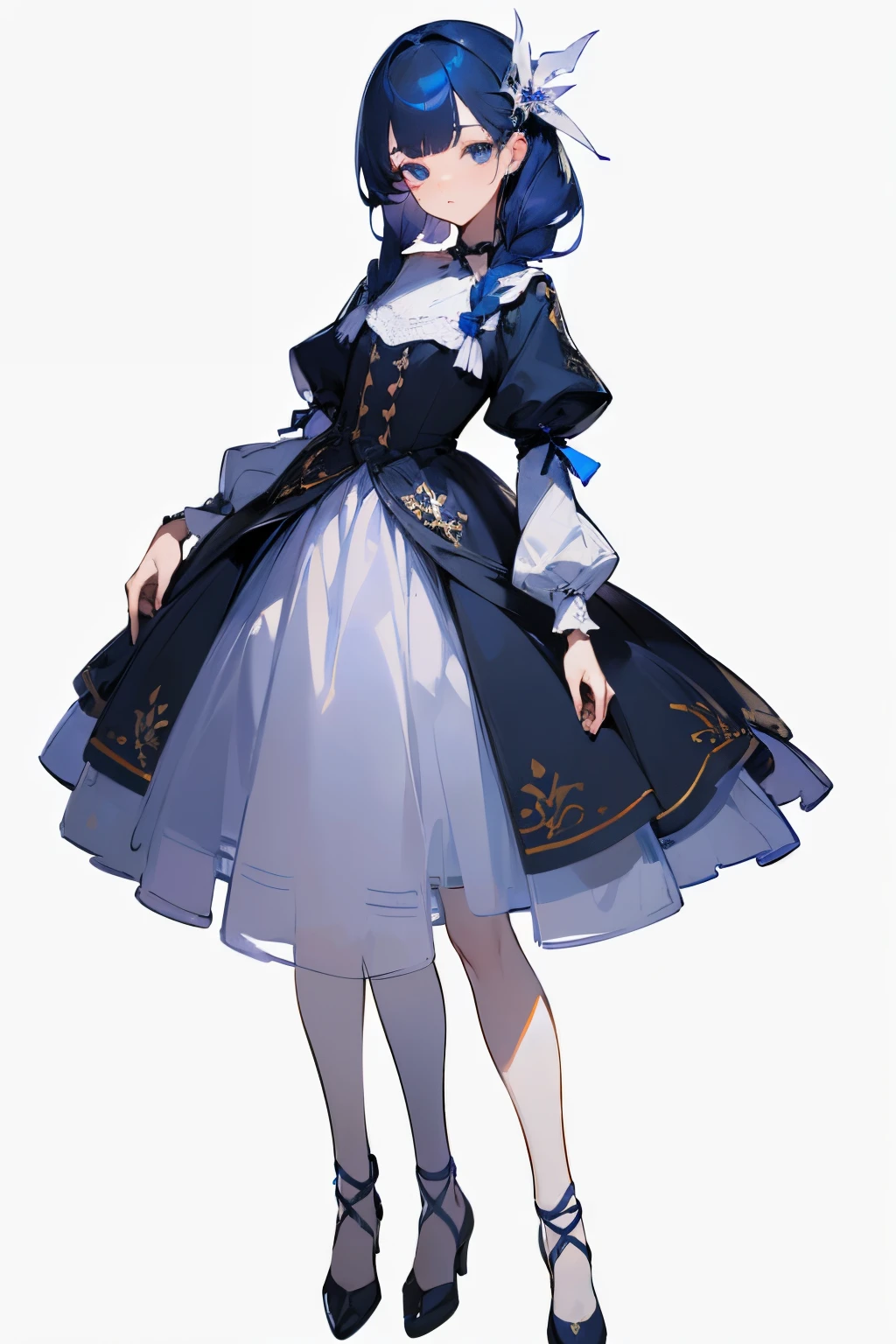 matching outfit, ((Best Quality)), ((Masterpiece)), (Character full body), (((best quality, high quality))), ((((UHD, highres))), (concept art), It's like a cartoon in Japan, 1 character, standing full-body, Clear facial features,Simple line design,Transparent background,(tmasterpiece,top Quority,best qualtiy, Clear facial features,beautidful eyes,beauitful face), beautiful, (((simple detailed))) (((white background))) 6 and a half heads full body, ((no light))), random hairstyle, blue haircolor, light purple eyescolor, random dress,