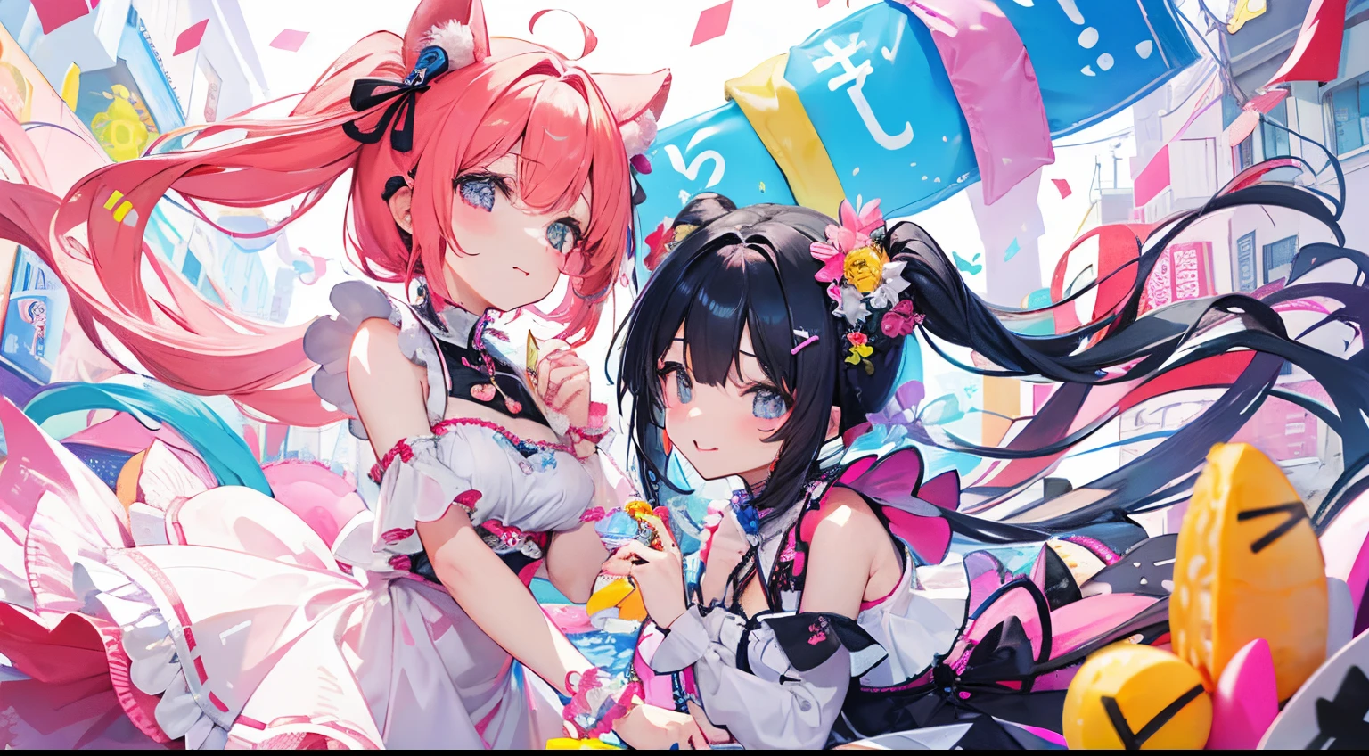 2 cute girls、surrounded by lots of sweets、plethora of colors、Lots of sweets、细致背景、ultra-detailliert、best qualtiy、Highest Quality