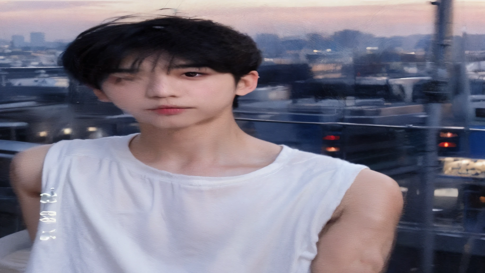 There is a man with a scarf around his neck looking at the camera, short detailed hair, Short black hair for boys, Paint Urzan, boy thin face, yanjun chengt, Cute Korean face, Clear and cute face, Korean male, wide forehead, hong june hyung, Short hair on the top of the head, Young and cute face, Korean symmetrical face