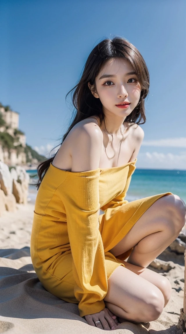 30-years old、(in 8K、Raw photography、top-quality、​masterpiece)、(realisitic、Photorealsitic)、ultra-detailliert、超A high resolution、女の子1人、see the beholder、beautifull detailed face、a smile、Constriction、short-cut、Beautiful detailed skin、Skin Texture、Professional Lighting、swimming beach、Whole human body、from the thighs up