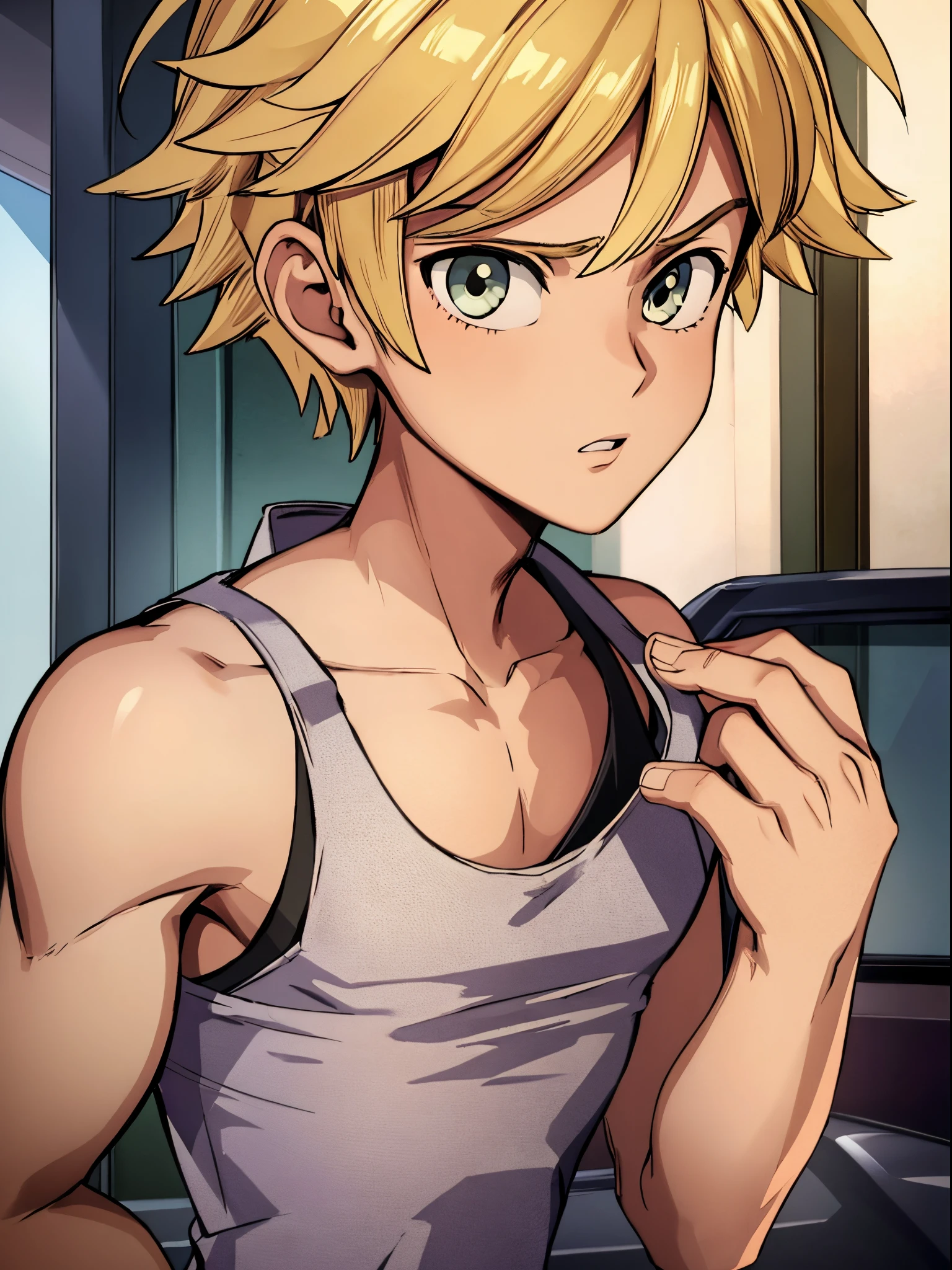 Highres, Masterpiece, Best quality at best,Best Quality,hight quality, hight detailed, boy, 1boy, blonde, tank top,