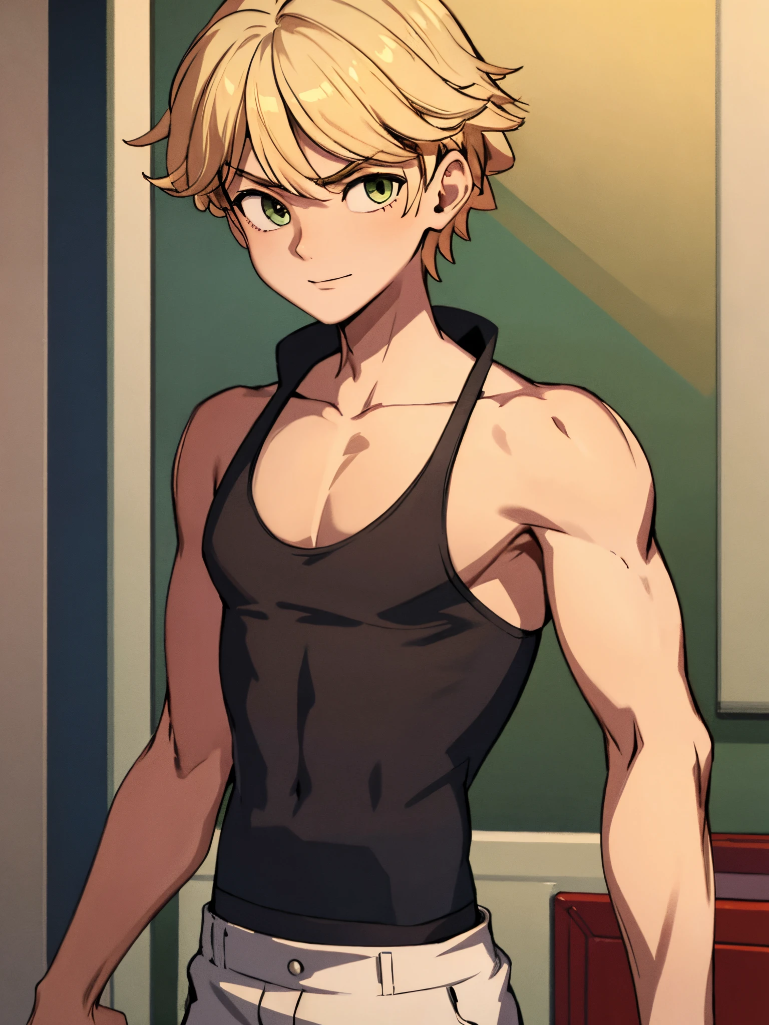 Highres, Masterpiece, Best quality at best,Best Quality,hight quality, hight detailed, boy, 1boy, blonde, tank top, upper body