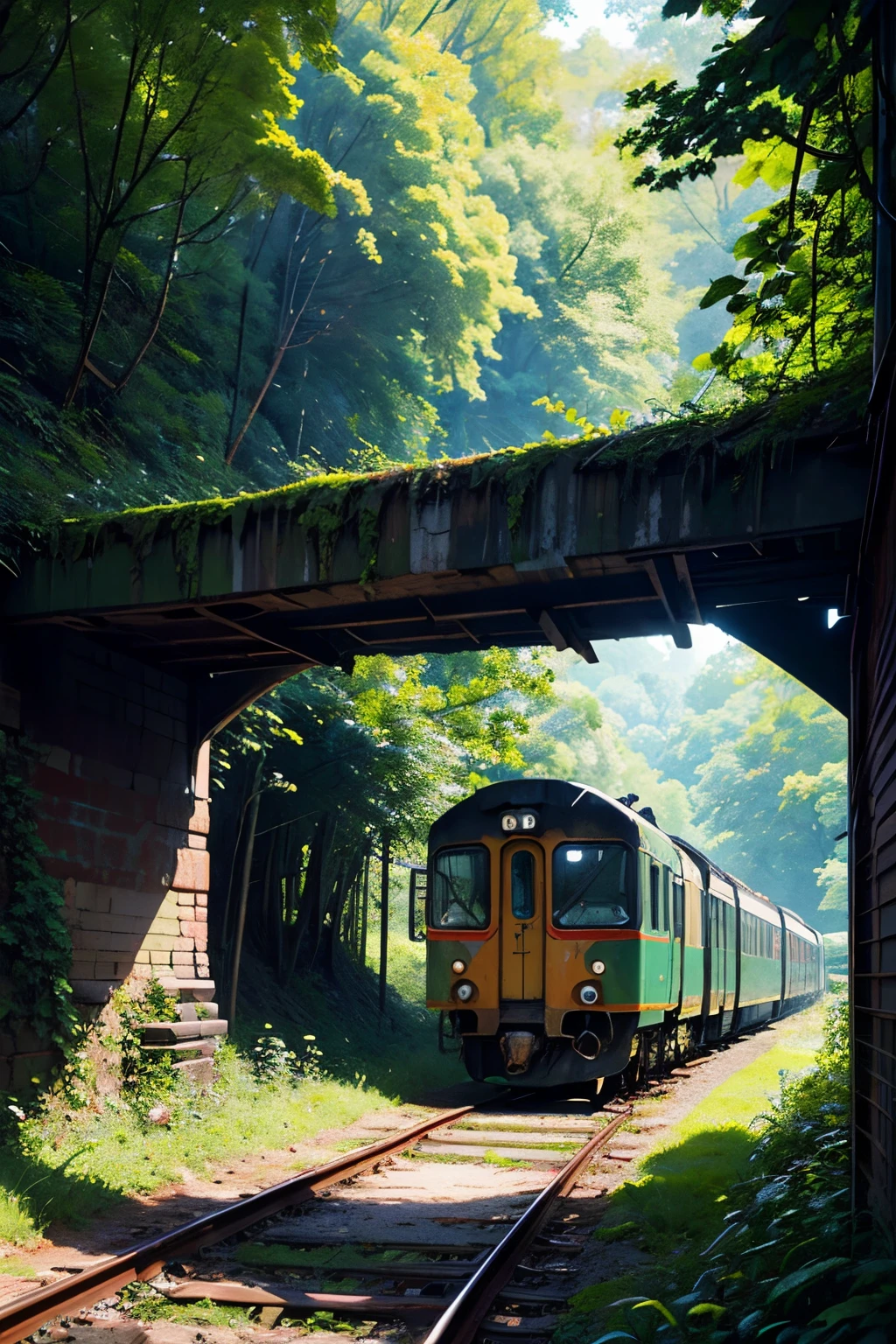 In an overgrown field, an old abandoned train stands tall, covered in thick foliage and vines. The rusted metal and faded paint reveal the passage of time, giving the train a sense of history and mystery. The train is surrounded by lush greenery, with tall trees and wildflowers growing around it. The sunlight filters through the leaves, casting dappled shadows on the train's worn exterior.

The train is a medium-sized steam locomotive, with intricate details on its wheels, smokestack, and headlights. The wheels are rusted and covered in moss, while the smokestack stands tall and proud, a remnant of a bygone era. Moss-covered windows peer through the foliage, hinting at the stories that lie within.

The scene exudes a sense of tranquility and abandonment. The train has become one with nature, blending seamlessly with its surroundings. The air is filled with the scent of earth and the gentle rustling of leaves.

The image quality is of the best quality, with high resolution to capture every detail of the train and the surrounding vegetation. The colors are vivid and realistic, capturing the lush green of the foliage and the warm sunlight filtering through the leaves. The lighting is natural, with soft, diffused light illuminating the scene.

The art style is reminiscent of landscape paintings, with a touch of realism and a hint of nostalgia. The colors are rich and vibrant, capturing the beauty of nature reclaiming man-made structures.

Overall, the prompt creates a vivid picture of an old abandoned train, overgrown and forgotten, yet still standing as a testament to the passage of time.