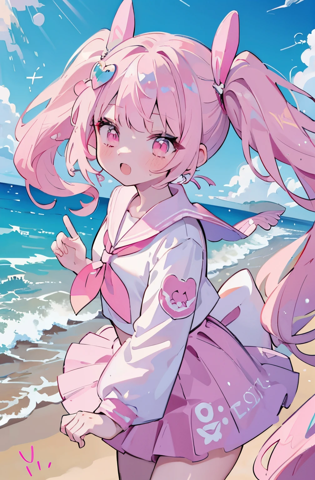 Absurd, high resolution, (Anime tone: 1.1), ((Mastepeace)), ((Best quality)), (Super detailed), (Beautiful), Solo, Beautiful face, (lift up), Cute girl on the sandy beach, Wind, Light pink hair, Twin tails, Twin tails in a high position, Long hair, Long hair, Pink eyes, Hair flutter in the wind, Pink sailor suit, Sailor suit, cute, (Mastepiece, Mastepiece, 8K)