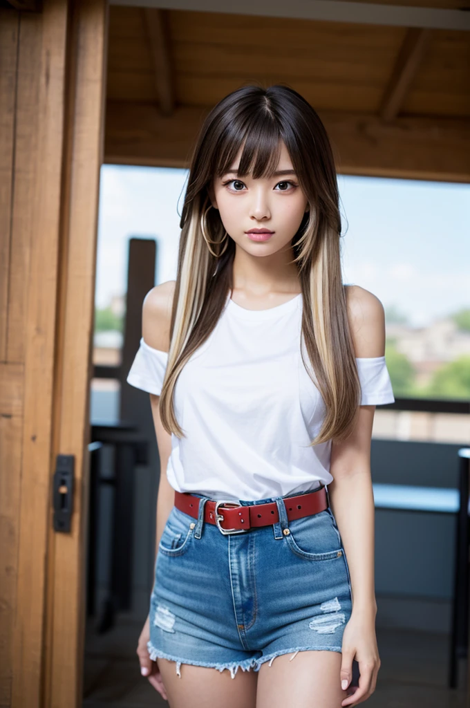 (masterpiece、best quality、extremely detailed 8k、ultra hd、ultra-detailed、highly detailed、highly realistic、photo realistic)、(beautiful realistic face、detailed realistic face)、Extraordinary sexy beauty、Beautiful gentle and bright look、Sexy refreshing look、Perfect beautiful cute face、long bangs between the eyes,、Super long bright blonde straight hair、twintails、red bows in hair、beautiful countenance、Very cute beautiful sexy young little woman、Very perfect beautiful cute face、Glowing big bright light blue eyes、15yo student、blonde、Young Western Woman、Beautiful white shiny skin、White tshirt、bare_shoulders、 blue jeans shorts、belt red、thighhighs、standing forward, looking at viewer, arms stretched to waist, hands closed, angry