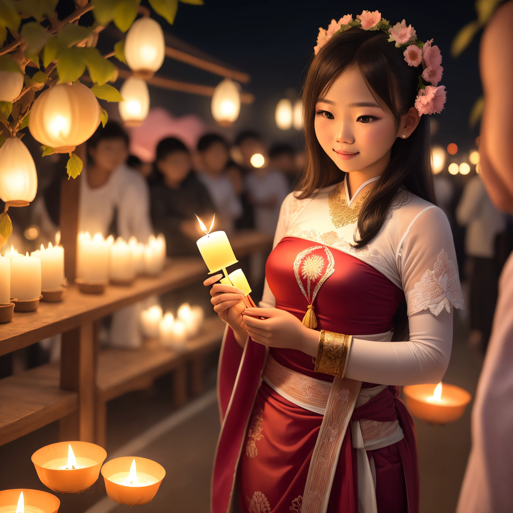 A young woman dressed in Thai clothing holds a Krathong.