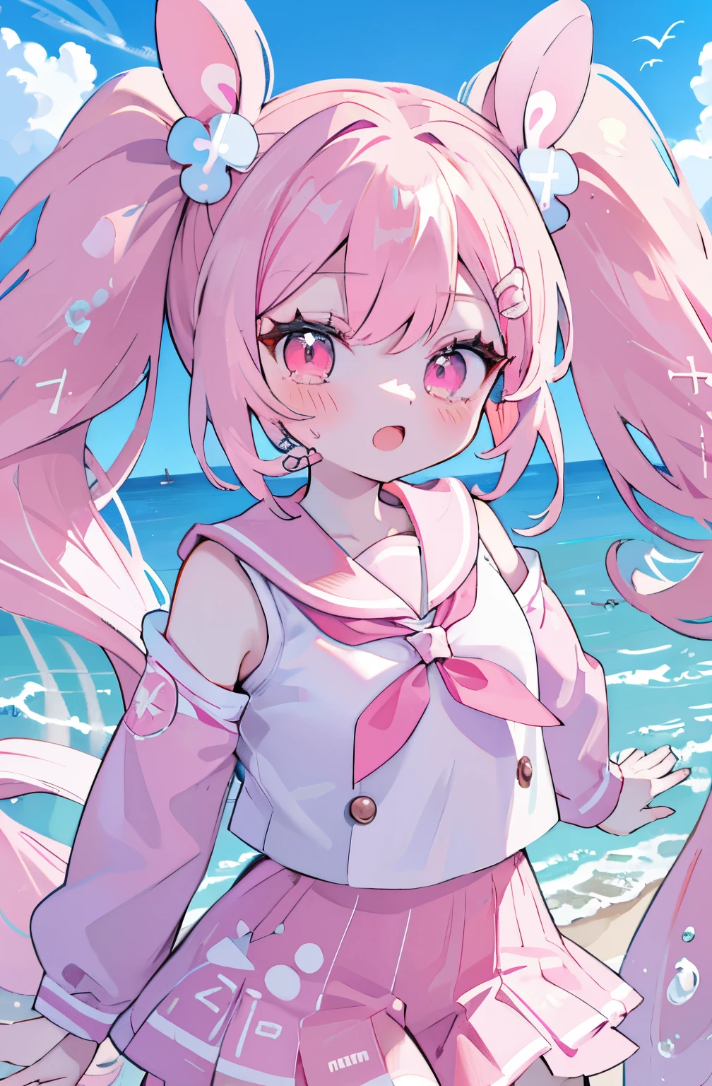 Absurd, high resolution, (Anime tone: 1.1), ((Mastepeace)), ((Best quality)), (Super detailed), (Beautiful), Solo, Beautiful face, (lift up), Cute girl on the sandy beach, Wind, Light pink hair, Twin tails, Twin tails in a high position, Long hair, Long hair, Pink eyes, Hair flutter in the wind, Pink sailor suit, Sailor suit, cute, (Mastepiece, Mastepiece, 8K)