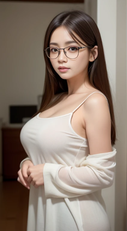 masterpiece、in 8K、Raw photography、(reallistic:1.4)、High-resolution mouth、The eyes are high definition、Shiny skin、big eye、Round face,Double eyes、Puffy eyes、Medium-breasted women、half-opened mouth、Provocative facial expressions、One lady、25-years old, selfee、Bold and obscene poses、Hands behind the head、The upper part of the body、Woman with glasses、film grains、Movie Light、expressioness: Calm expression,Gentle smile, Soft eyes,Plump,Okame Hairstyle: Long natural hair standing out: Soft brown clothes posture: Stand calmly break girl,Solo、press Indoor