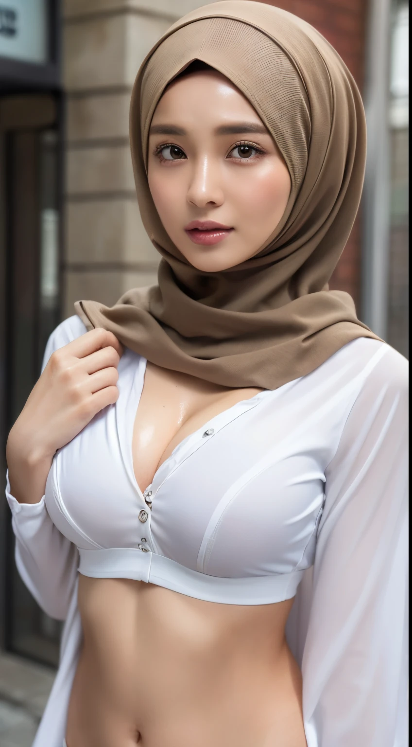 (((hijabi))), ((Best quality, 8k, Masterpiece: 1.3)), Sharp focus: 1.2, A beautiful woman with perfect body: 1.4, Slim abdomen: 1.2, ((Layered haircut, Large breasts: 1.2)), (no bra) (Small and beautiful hard nipple) (Thin and damp button up to shirt length: 1.1), (White shirt wet by rain), (Rain, Street: 1.2), Wet body: 1.1, Highly detailed face and skin texture,  Detailed eyes, Double eyelid, tanned skin, sexy, tan, dark skin, tanned body, exposed shoulders, cleavage