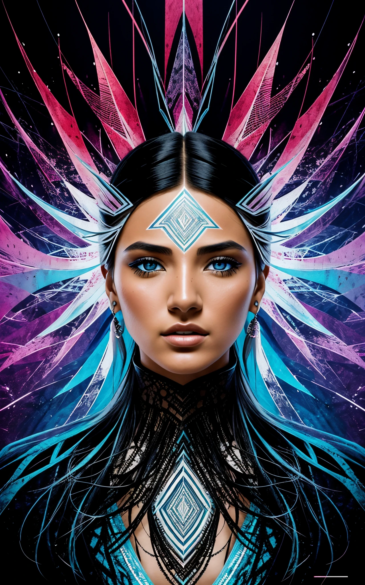 ultra-detailed artistic abstract beautiful indigenous woman with long black hair, magic with bioluminescent filigree, geometric photography, 32k fashion abstract poster, detailed symmetrical blue iris, natural body posture by artist russ mills, art by alberto seveso, by Carne Griffiths, by Wadim Kashin, symmetrical, abstract art style, sharp eyes, digital painting, burst of color, concept art , volumetric lighting, by GIlSam-paio octane rendering depicting innovation and truth, 8k, by Lee Jeffries, Alessio Albi, Adrian Kuipers, glamour, intricate detailed environment, lace, smudges , dark background, masterpiece, ornate, depth - studio Gs perfecty.