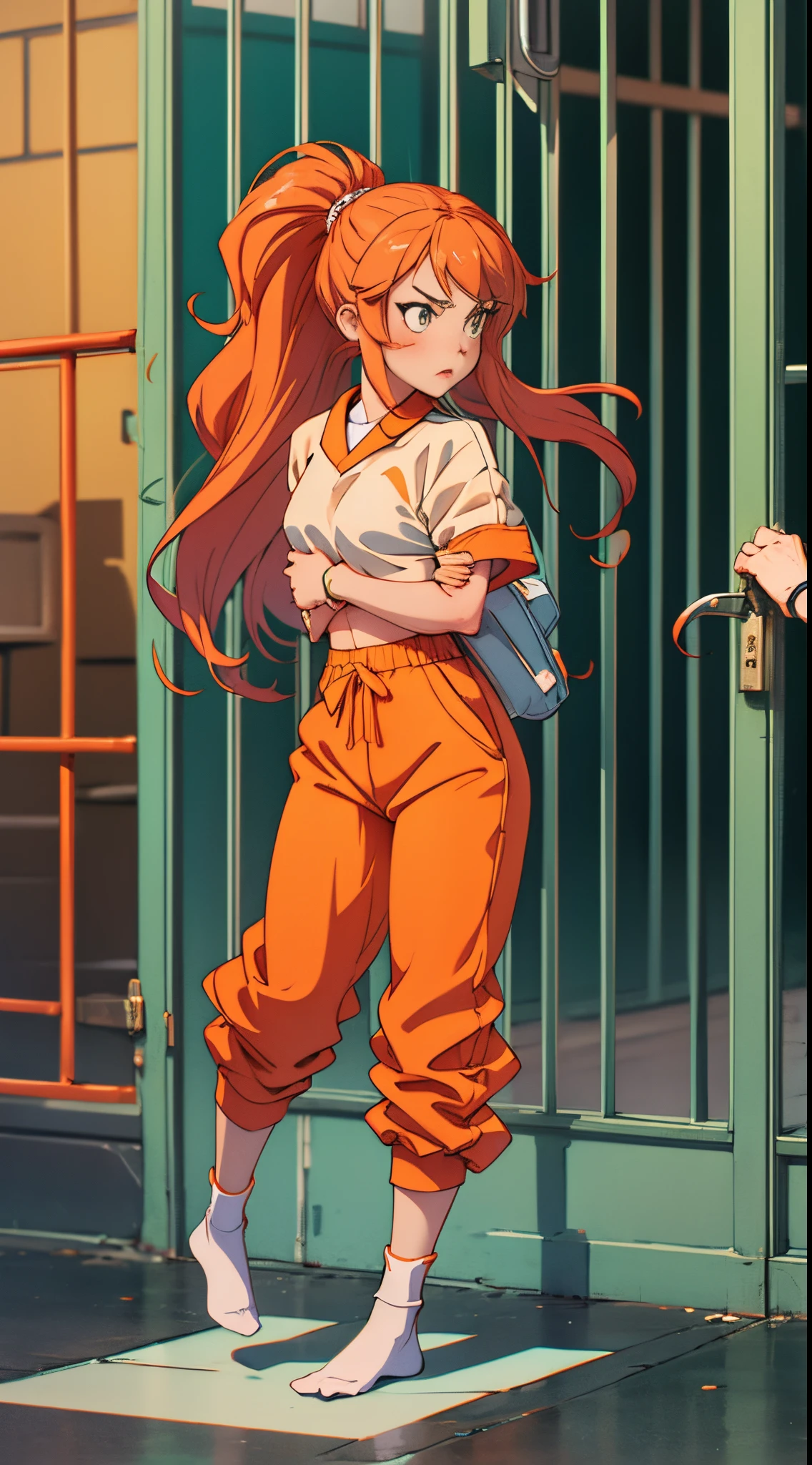 Beautiful anime girl prisoner wearing orange prison uniform,Orange prison pants,orange prison socks,There are no shoes on the feet。