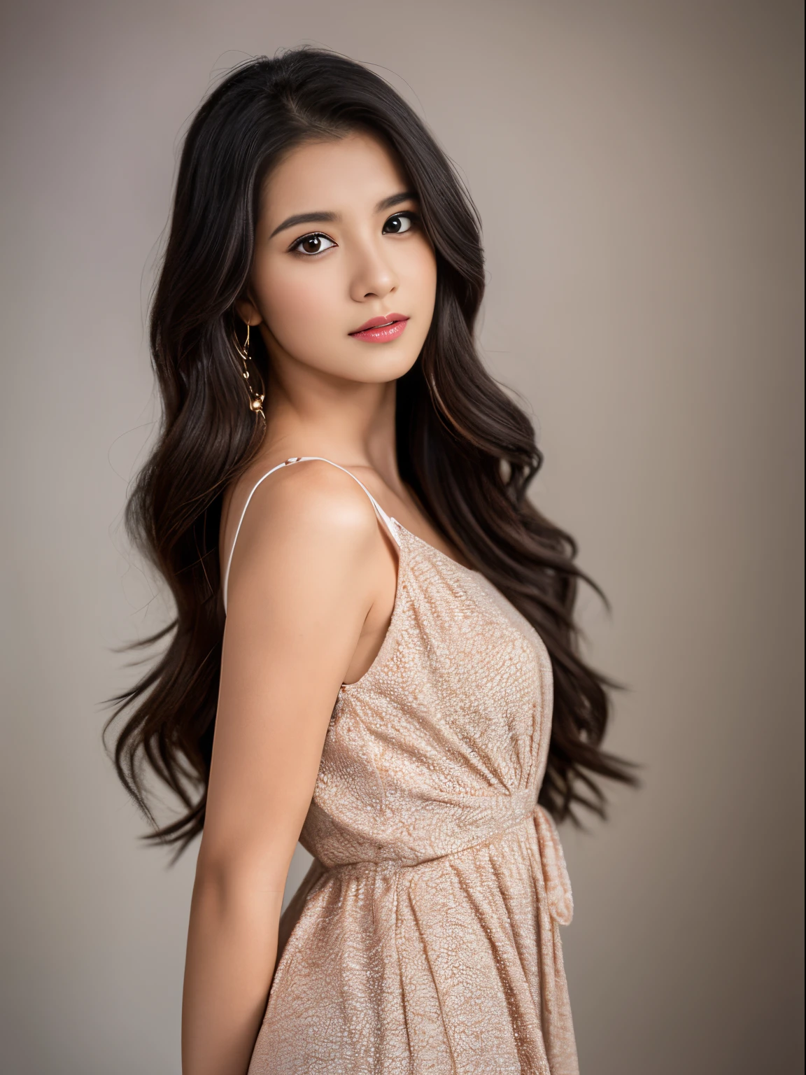 Young nepali Beauty fashion model posing,8k, masterpiece,the model look like K , best quality,sony a7, 50 mm, beautiful skin, pores, colors, hyperdetailed, hyperrealistic) ,wearing a ,the picture is the best picture of 2023,it look so realistic ,long hairs , wearing camisole ,looking at the camera, (photo, studio lighting, length -Full length,theme- portrait,the picture look look like highly professional photography,The model look 40% look alike Nora fatehi l,Dress - babydoll night wear
