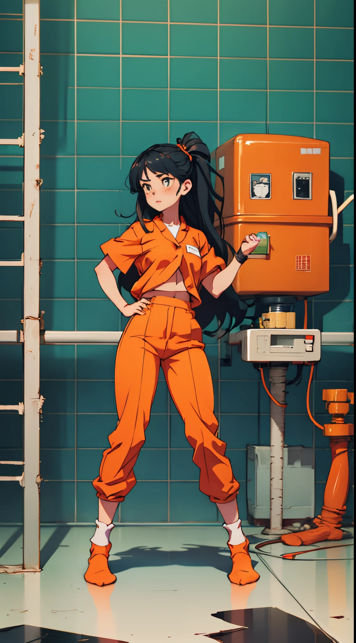 Beautiful anime girl prisoner wearing orange prison uniform，Orange prison pants，orange prison socks，There are no shoes on the feet。