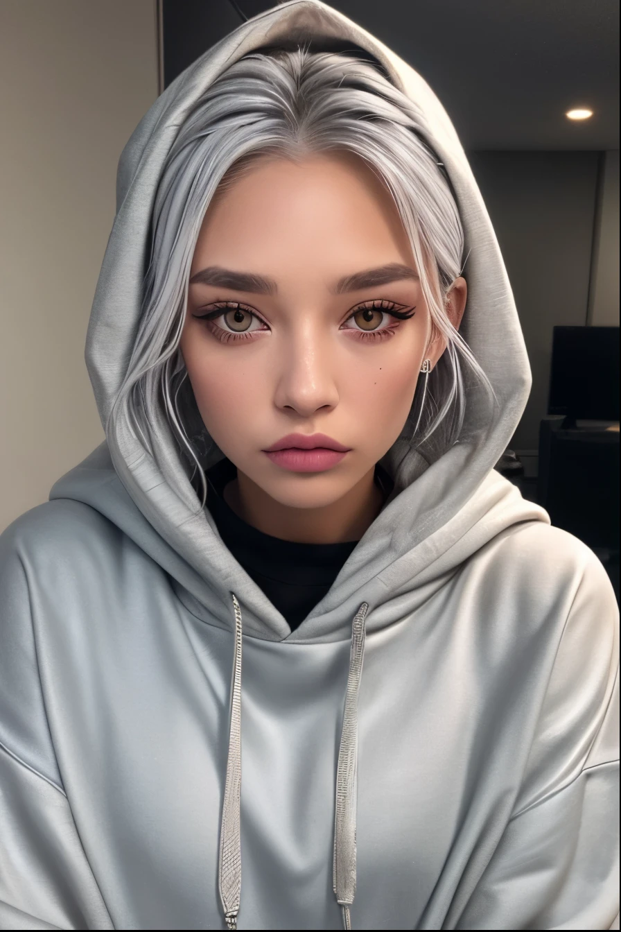 young woman around 24 years old with silver hair and golden amber eyes… she’s not wearing any makeup, she’s wearing a hoodie, her right cheek is bruised and swollen, she has a black eye that’s making her right eye swell shut, and a busted split lip