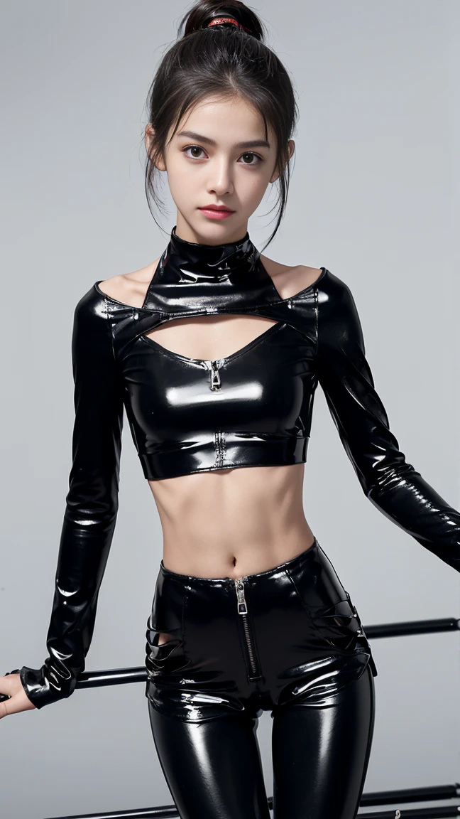 young skinny girl, ((top quality, 8k, masterpiece: 1.3)), crisp focus: 1.2, (beautiful skinny preteen1.4), (skinny abdomen: 1.2), (small waist: 1.4), (thigh gap: 1.4), (small hip: 1.6), ((layer cut, big: 1.2)), wet body: 1.5, highly detailed face and skin texture, detailed eyes, ponytail hairstyle, BDSM, slave, black tight shiny latex legginds with zipper, tight belt, big buckle, exposed abs, (suspended under the rack:1.6)