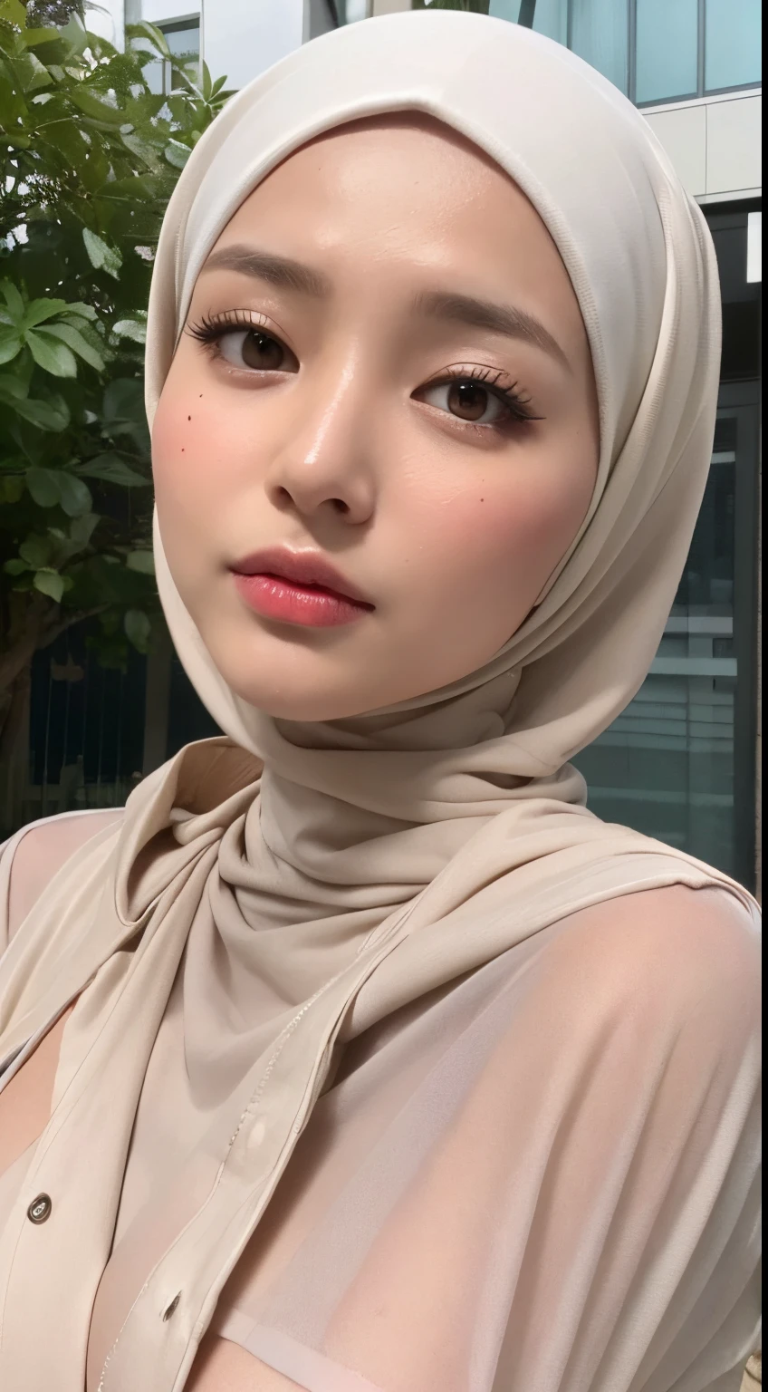 (((hijabi))), ((Best quality, 8k, Masterpiece: 1.3)), Sharp focus: 1.2, A beautiful woman with perfect body: 1.4, Slim abdomen: 1.2, ((Layered haircut, Large breasts: 1.2)), (no bra) (Small and beautiful hard nipple) (Thin and damp button up to shirt length: 1.1), (White shirt wet by rain), (Rain, Street: 1.2), Wet body: 1.1, Highly detailed face and skin texture,  Detailed eyes, Double eyelid, tanned skin, sexy, tan, dark skin, tanned body, exposed shoulders, cleavage