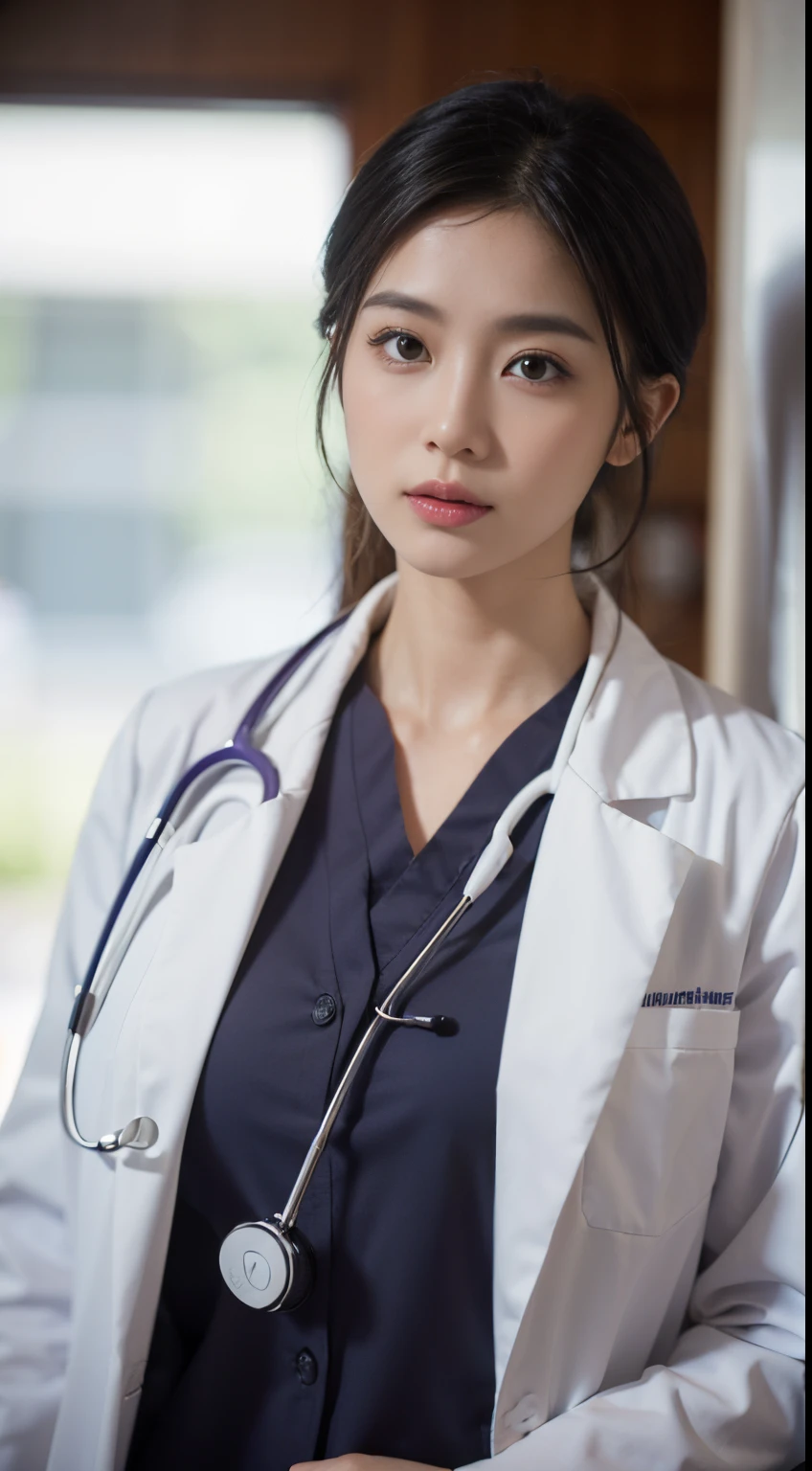 Realistic beautiful doctor、Stunningly beautiful、Doctor's white coat, Collared shirt、(Top quality、8K、32K、masterpiece、North African Trade Zone:1.3)、Ultra-high resolution,(Reality:1.4),Original Photography, Detailed face,,Beautiful hair, ((Doctor style)),,((Leg length)), (Thigh gap:1.5), , Black tight skirt、 Natural Makeup,, Big plump breasts、In the hospital, Detailed background, Perfect lighting, Depth of Field, Beautiful shadow gradient,Stethoscope ,