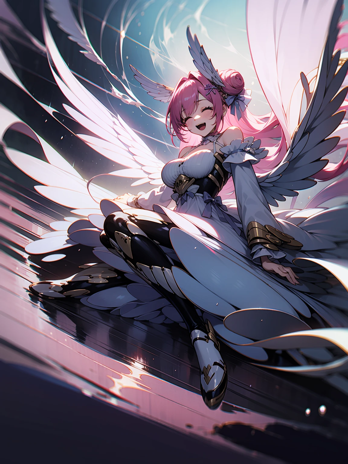 masutepiece, Best Quality, battle field, Front view, Looking at Viewer, Full body, (1girl in), Dorothy\(nikke\),Differential Dresses, Smile, Open mouth, Close eyes, Lie down, under the water,fire,
