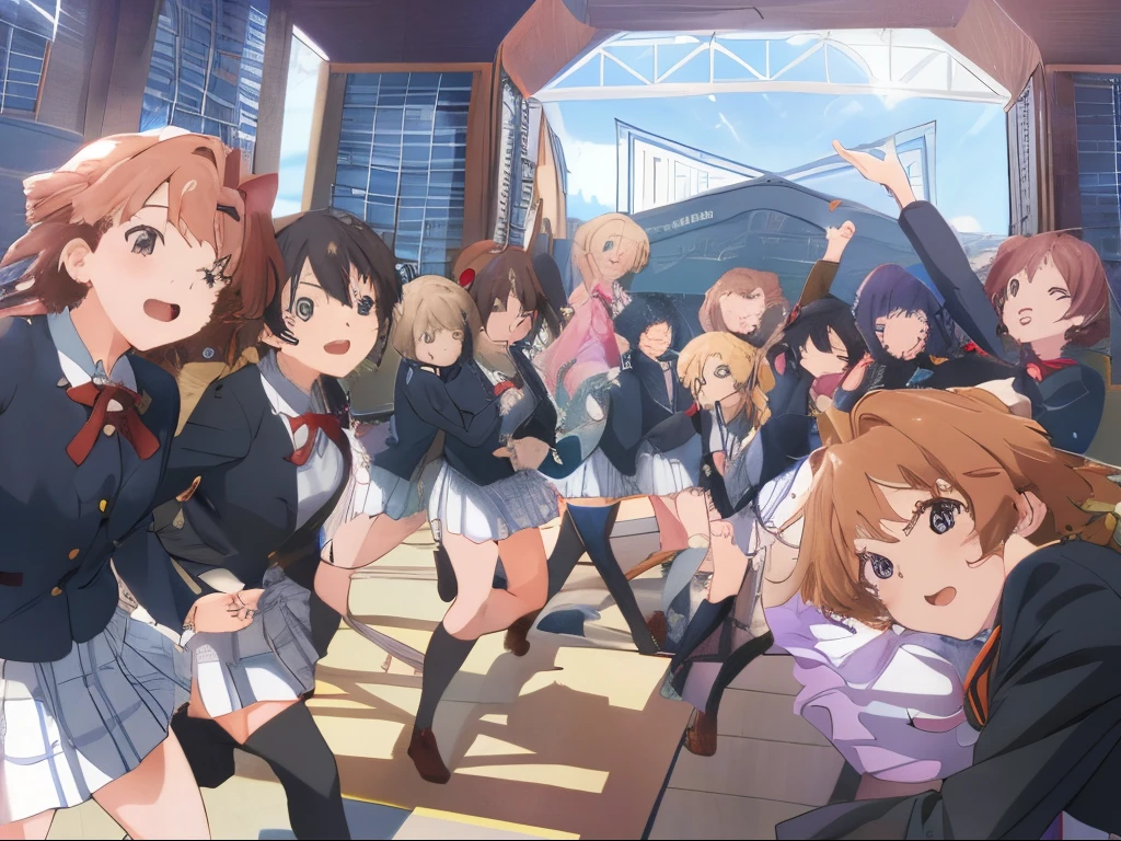 Anime girl wearing school uniform dancing in big room, Holographic live broadcast, Kyoto animation main visual, kyoto animation still, visual novel main vision, The Idolmaster, visual novels CG, Kyoto Animation, Kyoto Animation animation key visual, Official animation stills, in style of kyoto animation, 8K!, official studio anime still, Animation main visual”, Official anime artwork, anime key visual concept