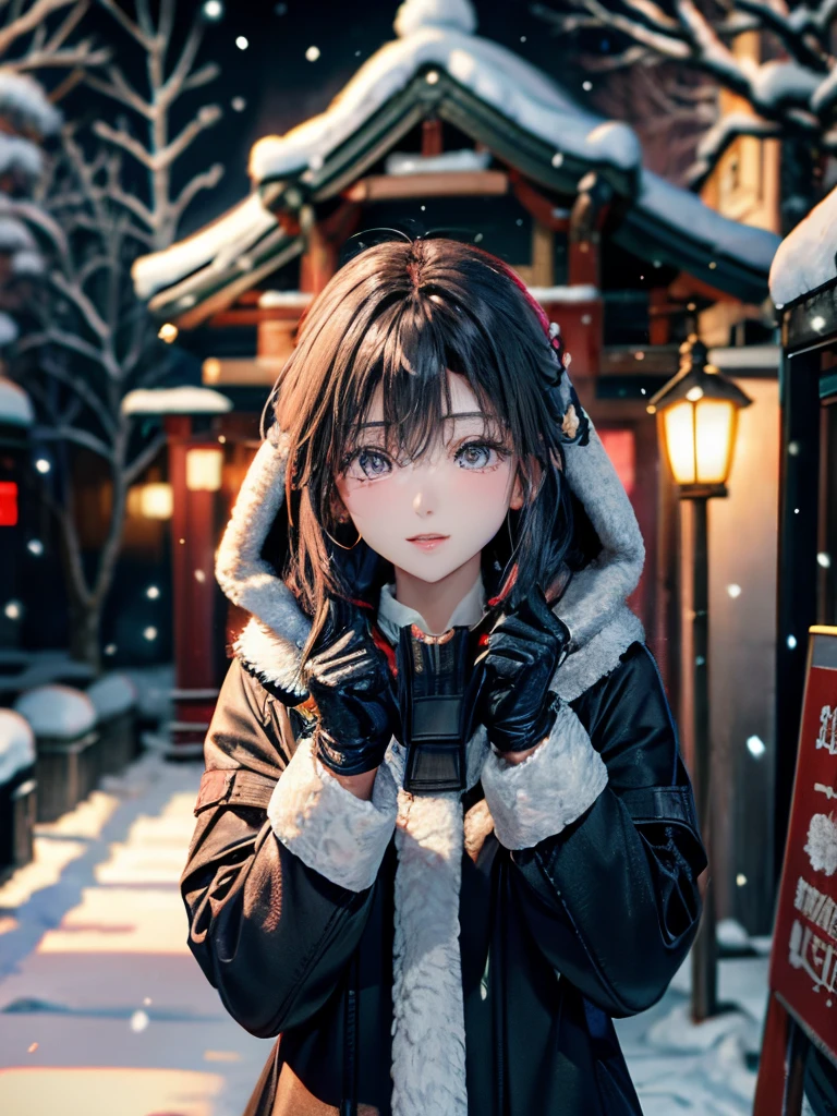 Best Quality、Raw photo、profetional lighting、Top image quality、masterpiece、Live-action depiction、The background is of the best quality、The background is professional lighting、Black eyes、Asian Beauty、Big eyes、There is a village frame pure、warm clothes、Long hair、Korea person、Snowy landscape in the background、snow blowing、animesque、Coat with fur、Wearing a fur hood、black down、Warm gloves、
