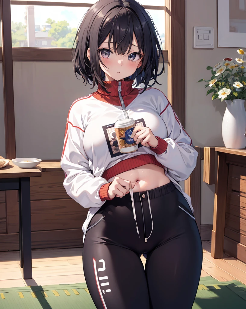Excellent quality,illustratio,8K,k hd,(((animemanga girl))),((On the table)),Best quality at best, Extremely detailed CG unified 8K,(( 1 girl in)), (Beautifully meticulous),illustratio, Intricate patterns,Character focus,track suit,Sports warehouse,with short black hair,No bangs,wears glasses,The girl lifts her hips on the mat,The girl drinks milk,girl looks nervous,The face is red,The girl covered her stomach with her hands,girl belly bloated,full buttocks,skinny pants