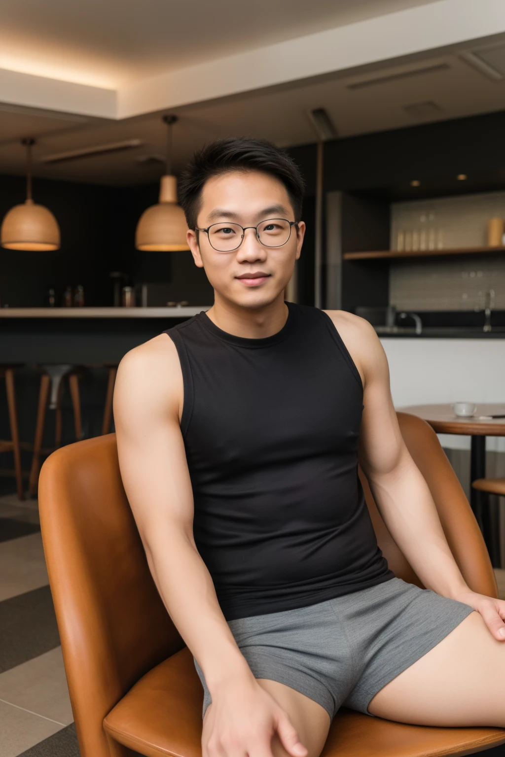 Andrew Thomas Huang, Oval face, Eyeglasses, Neat Muscular, Sitting in the chair, caffee background, black sleeveless shirt, white shorts