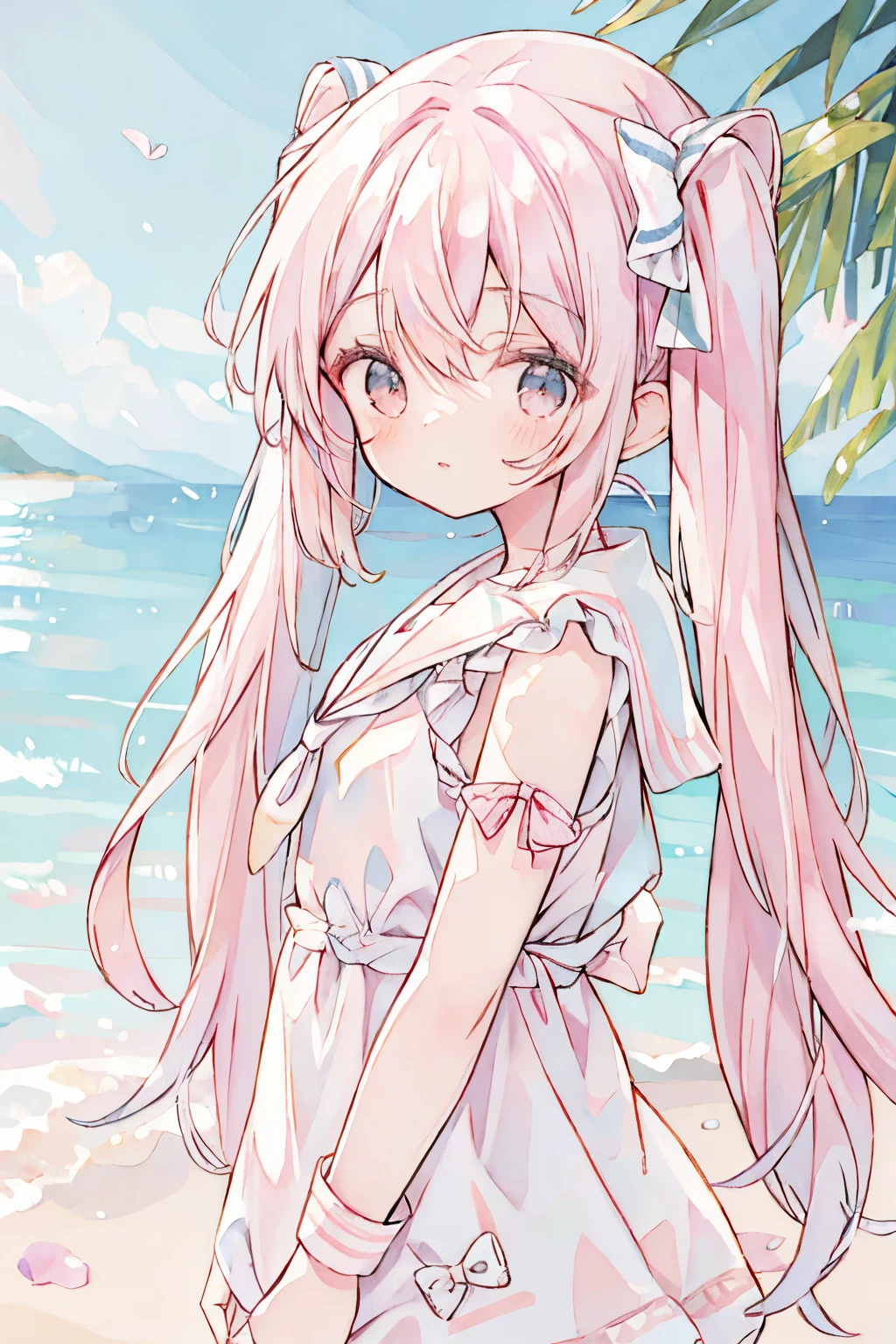 Absurd, high resolution, (Anime tone: 1.1), ((Mastepeace)), ((Best quality)), (Super detailed), (Beautiful), Solo, Beautiful face, (lift up), Cute girl on the sandy beach, Wind, Light pink hair, Twin tails, Twin tails in a high position, Long hair, Long hair, Pink eyes, Hair flutter in the wind, Pink sailor suit, Sailor suit, cute, (Mastepiece, Mastepiece, 8K)