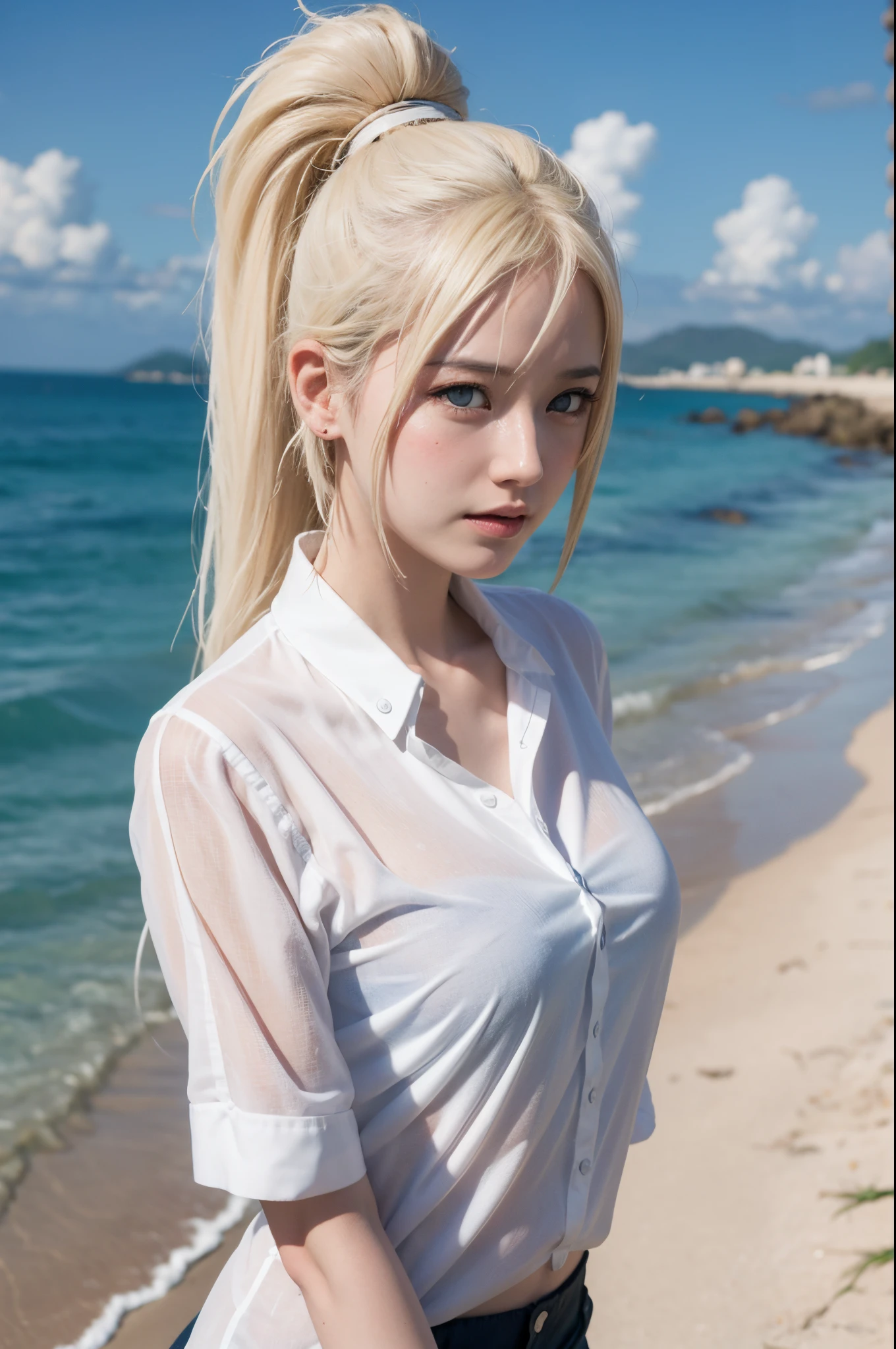 yamanaka ino, wearing a white shirt, wet shirt, , model potrait, half body potrait, at beach, detailed, blushing face