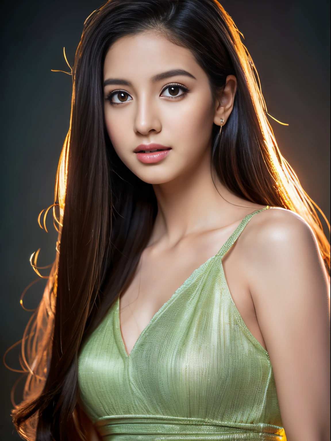 Young nepali Beauty fashion model posing,8k, masterpiece,the model look like K , best quality,sony a7, 50 mm, beautiful skin, pores, colors, hyperdetailed, hyperrealistic) ,wearing a ,the picture is the best picture of 2023,it look so realistic ,long hairs , wearing camisole ,looking at the camera, (photo, studio lighting, length -Full length,theme- portrait,the picture look look like highly professional photography,The model look 40% look alike Nora fatehi l,Dress - babydoll night wear