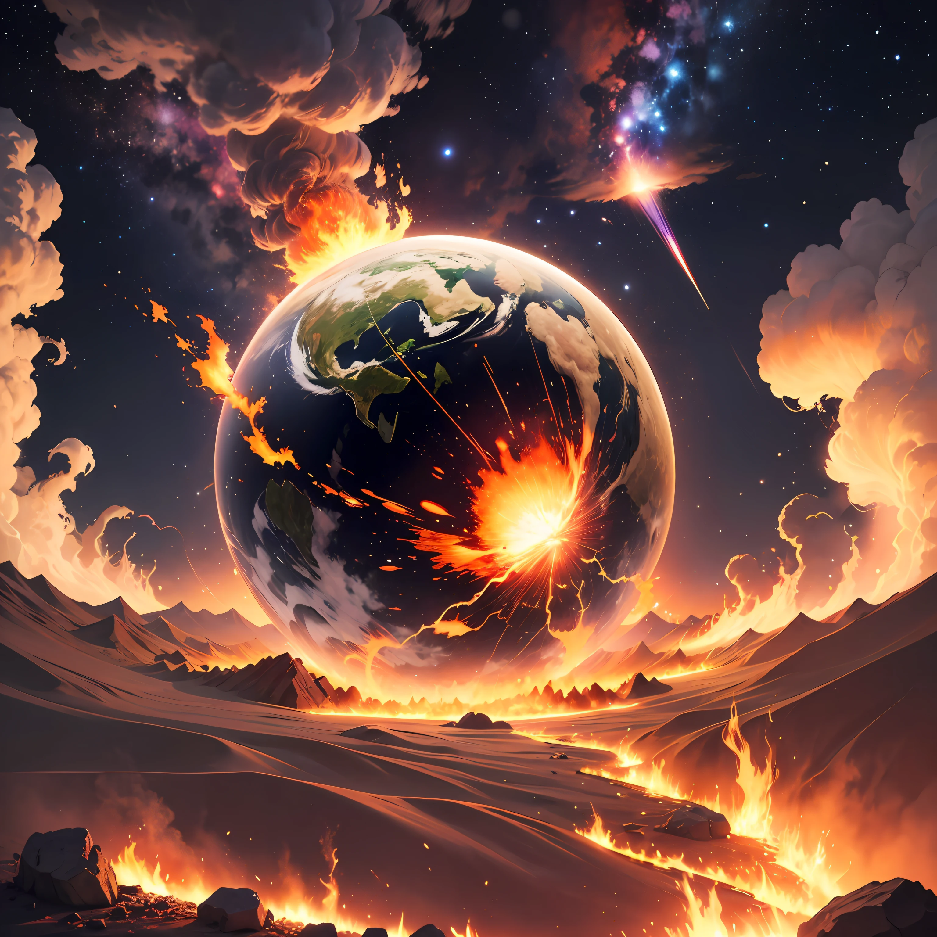 earth burning fire, meteor, big explosion --auto --s2
