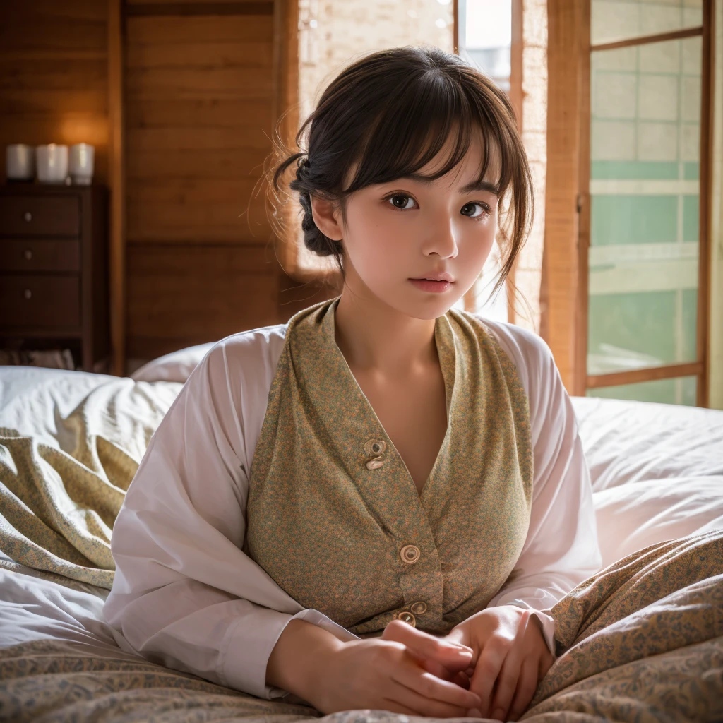 (A hyper-realistic), (hight resolution), (8K), (ighly detailed), (Best style), (beatiful detailed eyes), (top-quality), (ultra-detailliert), (masterpiece), (wall-paper), (详细的脸), girl wearing loose clothes, Beautiful Japan person, 20yr old、Colossal tits,a bed、Sensual look、a bed、Dynamic composition