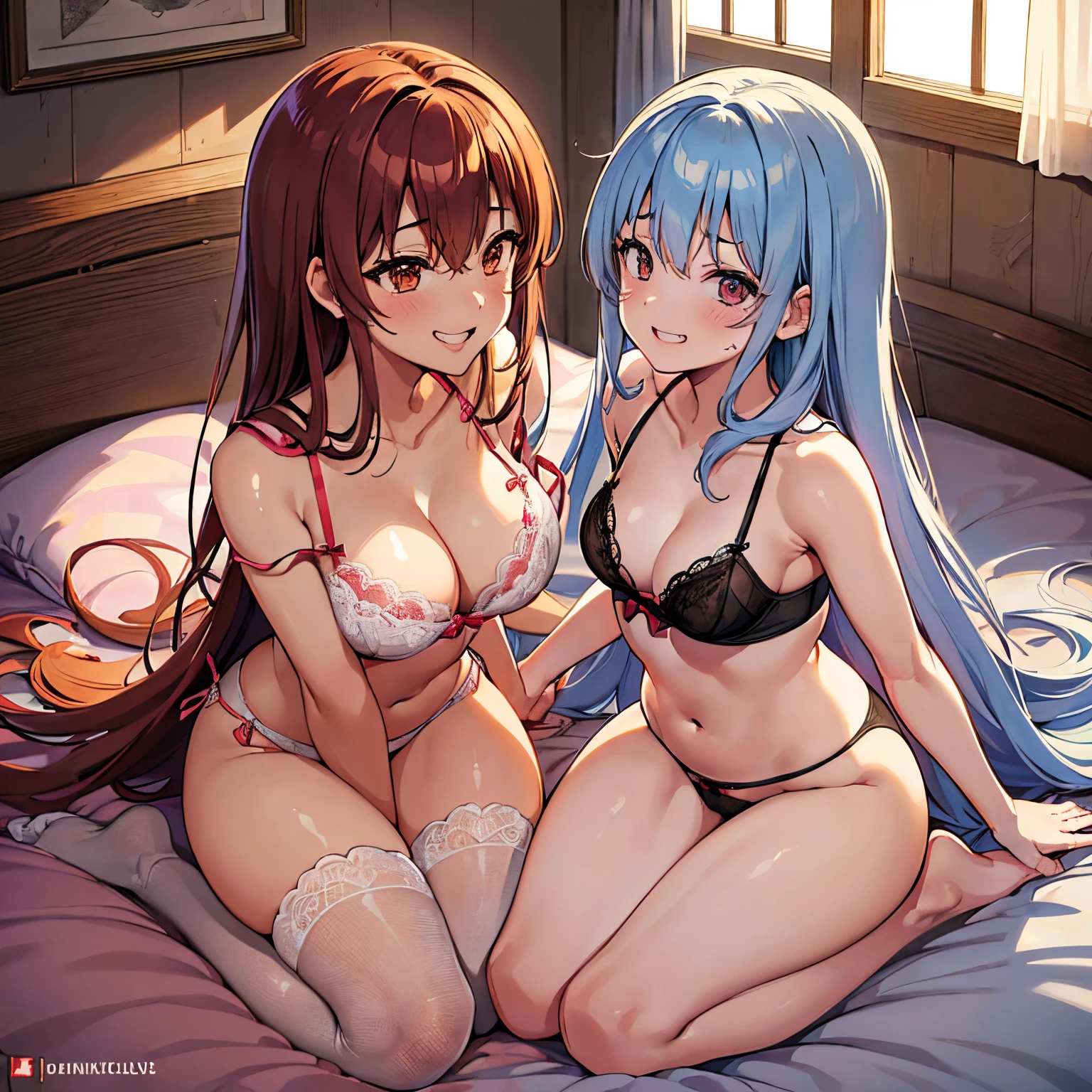 (Best Illustration, masutepiece, NSFW), Bed in the bedroom, (3 married women:1.2), (Futanari:1.6), (Big:1.2), (Chincus:1.8), (See-through string bra and string panties:1.5), (kinky lesbian:1.2), (cheating wife lesbian:1.2), (choose each other&#39;penises:1.5), (euphoria of pleasure:1.5), (AHE Face:1.5), (grinning lasciviously:1.5), (Open the large mouth:1.1), (stick out a long tongue:1.1), (Enchanting:1.1), (Futanut:1.6),