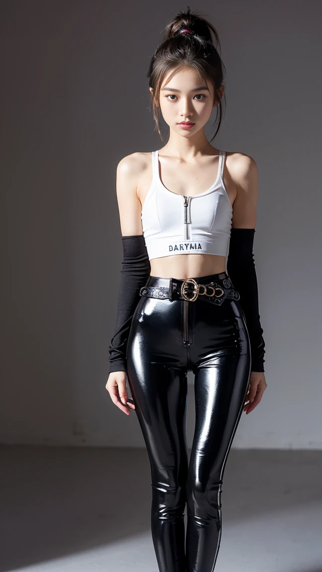 young skinny preteen girl, ((top quality, 8k, masterpiece: 1.3)), crisp focus: 1.2, (beautiful skinny preteen girl: 1.4), (skinny abdomen: 1.2), (small waist: 1.4), (thigh gap: 1.6), (small hip: 1.6), ((layer cut, big: 1.2)), wet body: 1.5, highly detailed face and skin texture, detailed eyes, ponytail hairstyle, BDSM, slave, black tight shiny latex legginds with zipper, tight belt, big buckle, exposed abs, (full length),