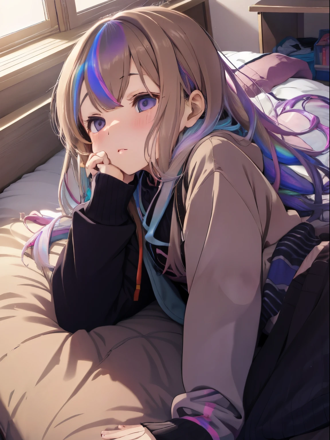 Room with a kotatsu,Girl's room for living alone,Winter clothes,loose-fitting long-sleeved clothing,sleeping under the kotatsu,Sleeping face,Sleeping comfortably...,fluffy hair,lightbrown hair,Iridescent light,rainbow colored hair and clothes,Place study tools on top of the kotatsu,