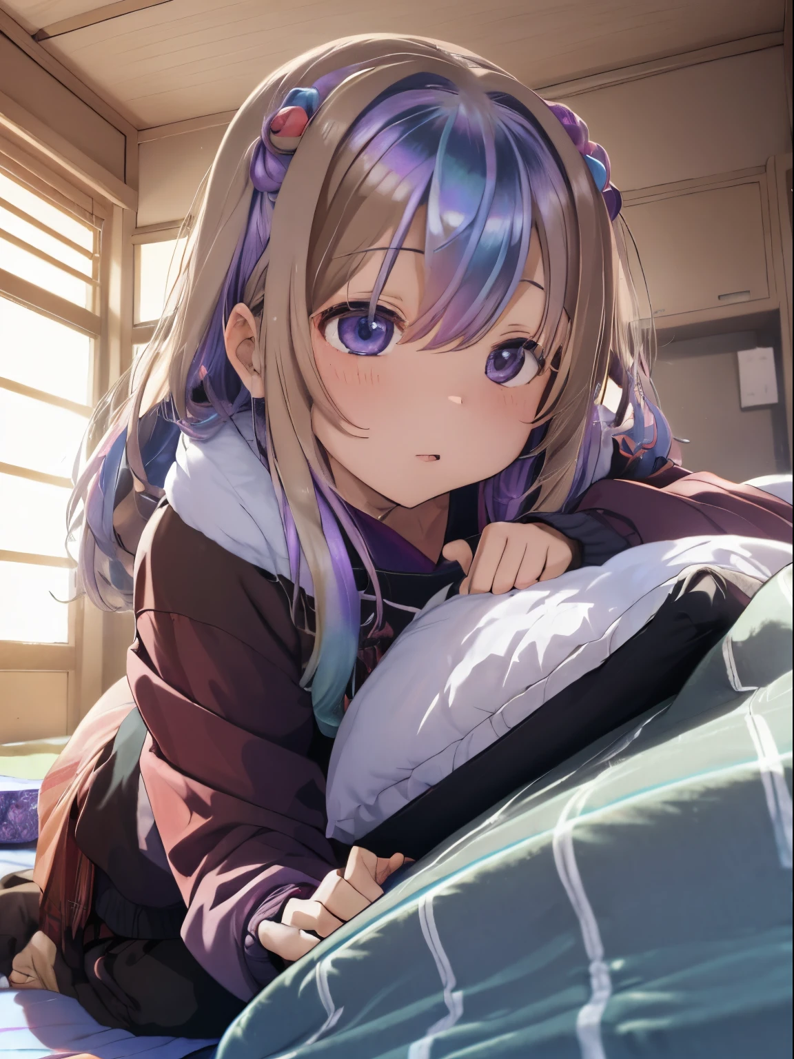 Room with a kotatsu,Girl's room for living alone,Winter clothes,loose-fitting long-sleeved clothing,sleeping under the kotatsu,Sleeping face,Sleeping comfortably...,fluffy hair,lightbrown hair,Iridescent light,rainbow colored hair and clothes,Place study tools on top of the kotatsu,