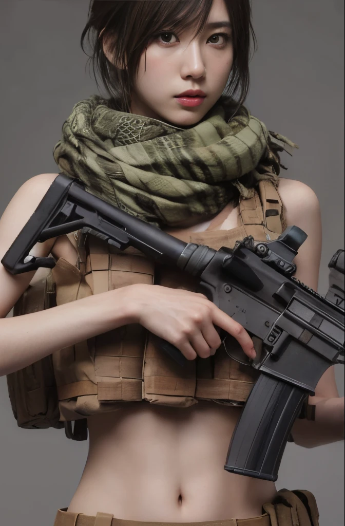 japanes、Female team members、Realistic skin textures、khaki automatic rifle、S,afghan scarf、faces、movement、Tank tops、short-hair