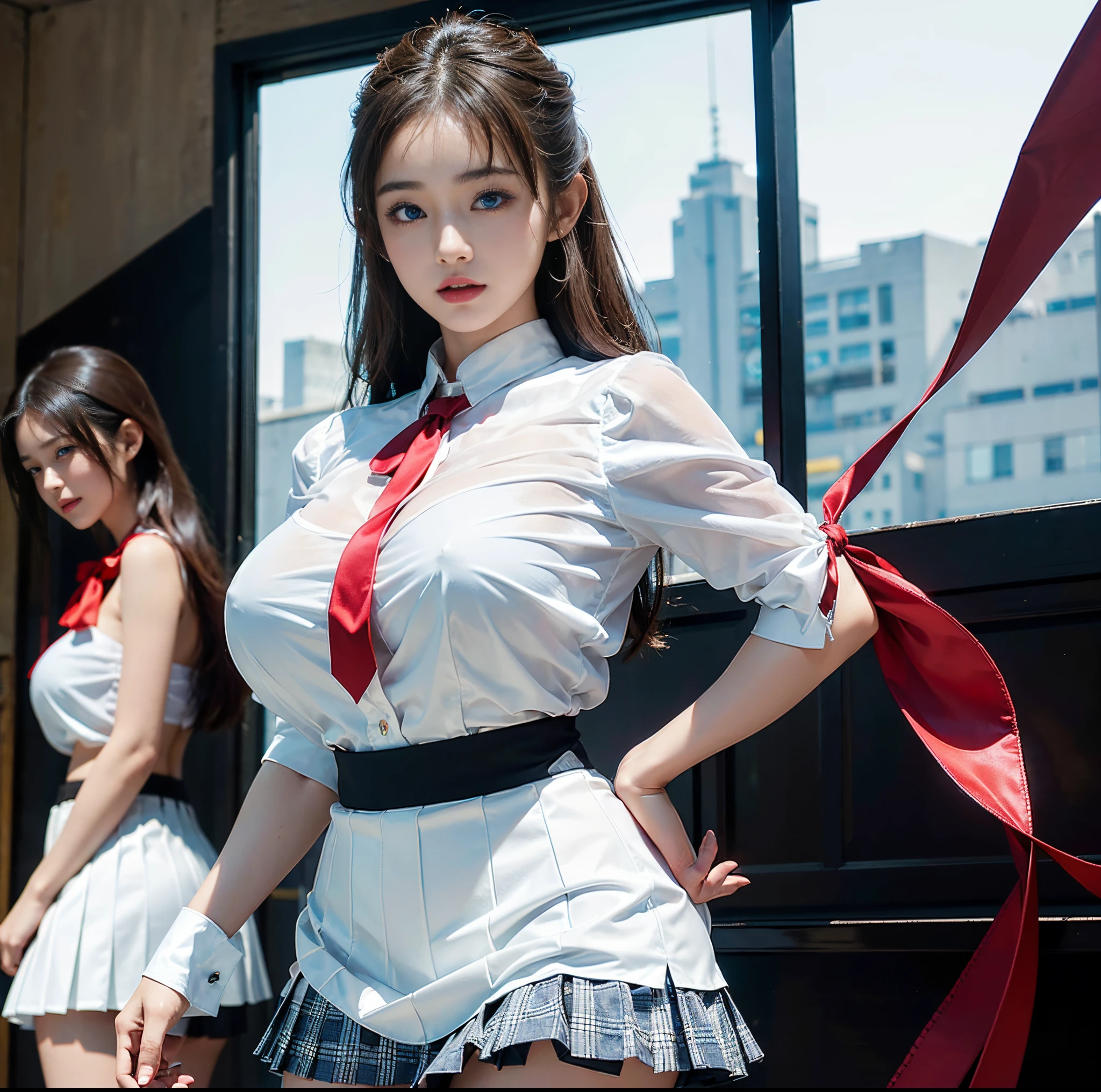 top-quality, 8K picture quality, ​masterpiece, Professional lighting without shadows, A hyper-realistic, perfect anatomia, Two girls, (with perfect body、Colossal breasts with tension:1.2), Bright,Whitens dark skin evenly, (Plump red tear bags and bright and beautiful blue eyes reflect a lot of light:1.2)、 He is wearing a deep red ribbon tie.、A tight blouse made of extremely thin white fabric.、No skin is exposed on the upper body。, Dress up with a super short mini pleated tartan check skirt., (Her skirt is too short:1.3), (Proudly showing off her taut huge breasts from the front through her blouse:1.2), (Another girl on the other side shows off her big ass from behind), ssmile, stare at each other