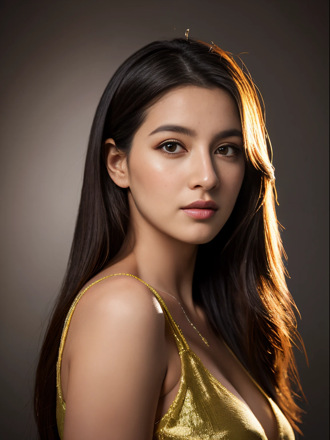Young nepali Beauty fashion model posing,8k, masterpiece,the model look like K , best quality,sony a7, 50 mm, beautiful skin, pores, colors, hyperdetailed, hyperrealistic) ,wearing a ,the picture is the best picture of 2023,it look so realistic ,long hairs , wearing camisole ,looking at the camera, (photo, studio lighting, length -Full length,theme- portrait,the picture look look like highly professional photography,The model look 40% look alike Nora fatehi l,Dress - doll night wear