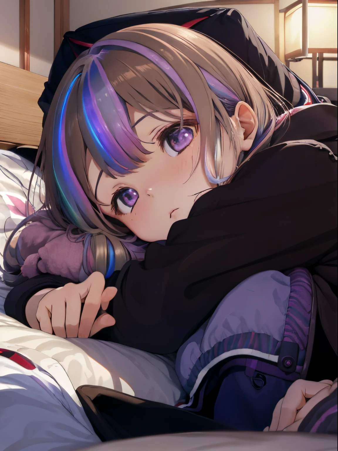 Room with a kotatsu,Girl's room for living alone,Winter clothes,loose-fitting long-sleeved clothing,sleeping under the kotatsu,Sleeping face,Sleeping comfortably...,fluffy hair,lightbrown hair,Iridescent light,rainbow colored hair and clothes,Place study tools on the kotatsu,