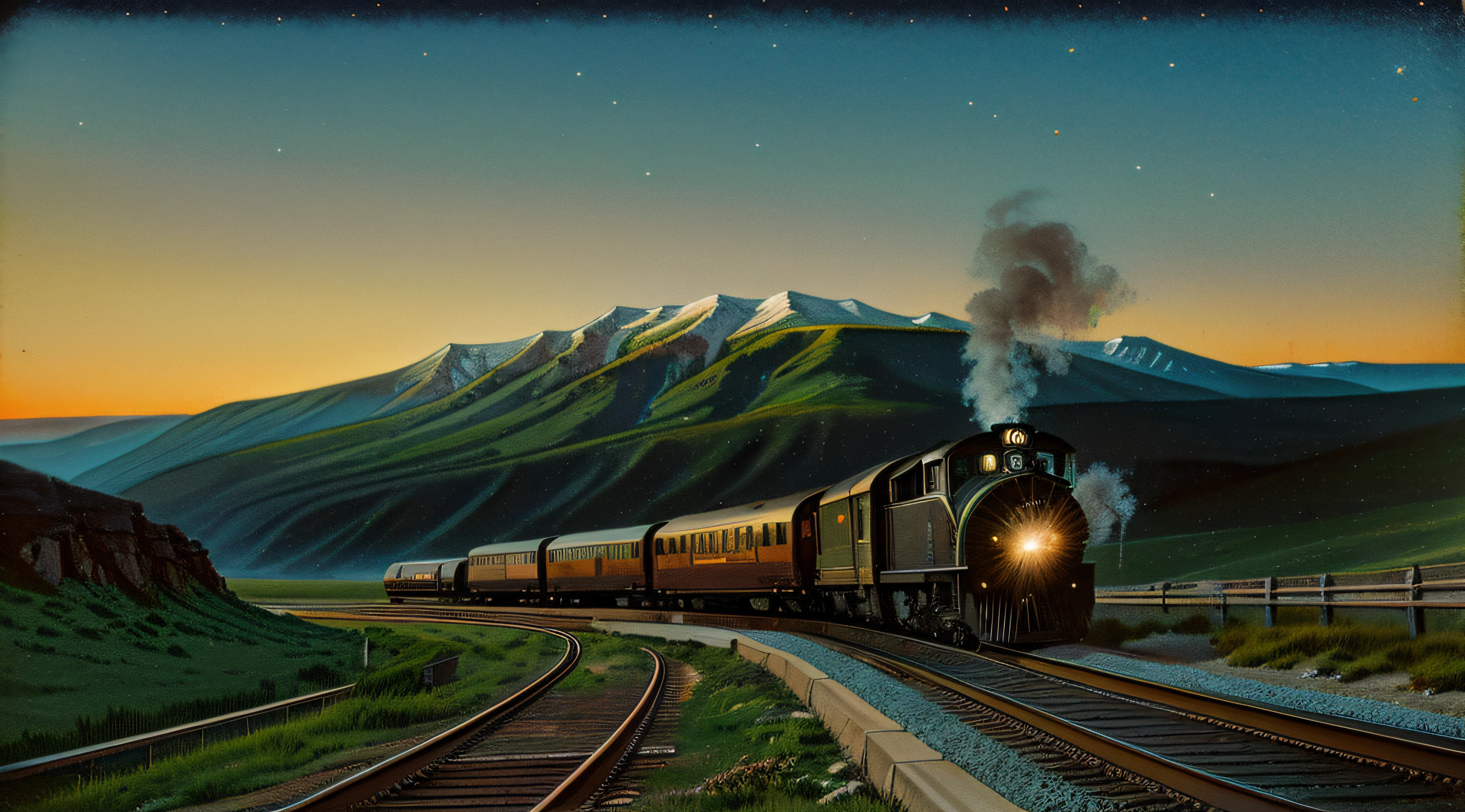 a moving train in a picturesque landscape of the American plain, a beautiful locomotive in the old detailed, perspectives of track, waves of smoke, the imposing mountains of the valley of death, a nostalgic steam train, flying birds, a bright sunset background, glittering stars, an illuminating moonlight, ultra-detailed wood textures, captivating sense of speed, bright colors, impressive scale, historic atmosphere, elegant vintage train cars, professional studio lighting.