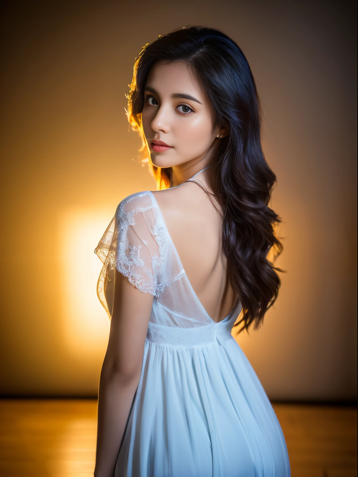 Young nepali Beauty fashion model posing,8k, masterpiece,the model look like K , best quality,sony a7, 50 mm, beautiful skin, pores, colors, hyperdetailed, hyperrealistic) ,wearing a ,the picture is the best picture of 2023,it look so realistic ,long hairs , wearing camisole ,looking at the camera, (photo, studio lighting, length -Full length,theme- portrait,the picture look look like highly professional photography,The model look 40% look alike Nora fatehi l,Dress - babydoll night wear