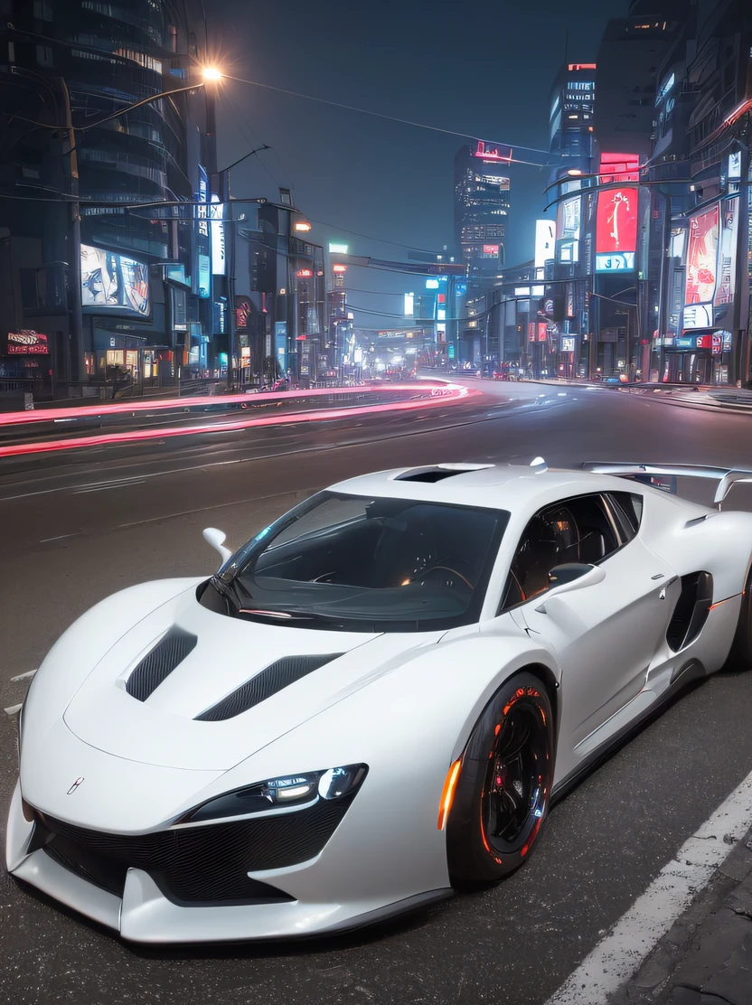 ((masterpiece、top-quality、realisitic、ultra-detailliert、hight resolution、Photorealsitic、foco nítido、photographrealistic、Raw photography、lighting like a movie))、Paved road during the day、((Futuristic Cyberpunk Hot Rod))、silver car body、(With glowing tires)、3/4Front view