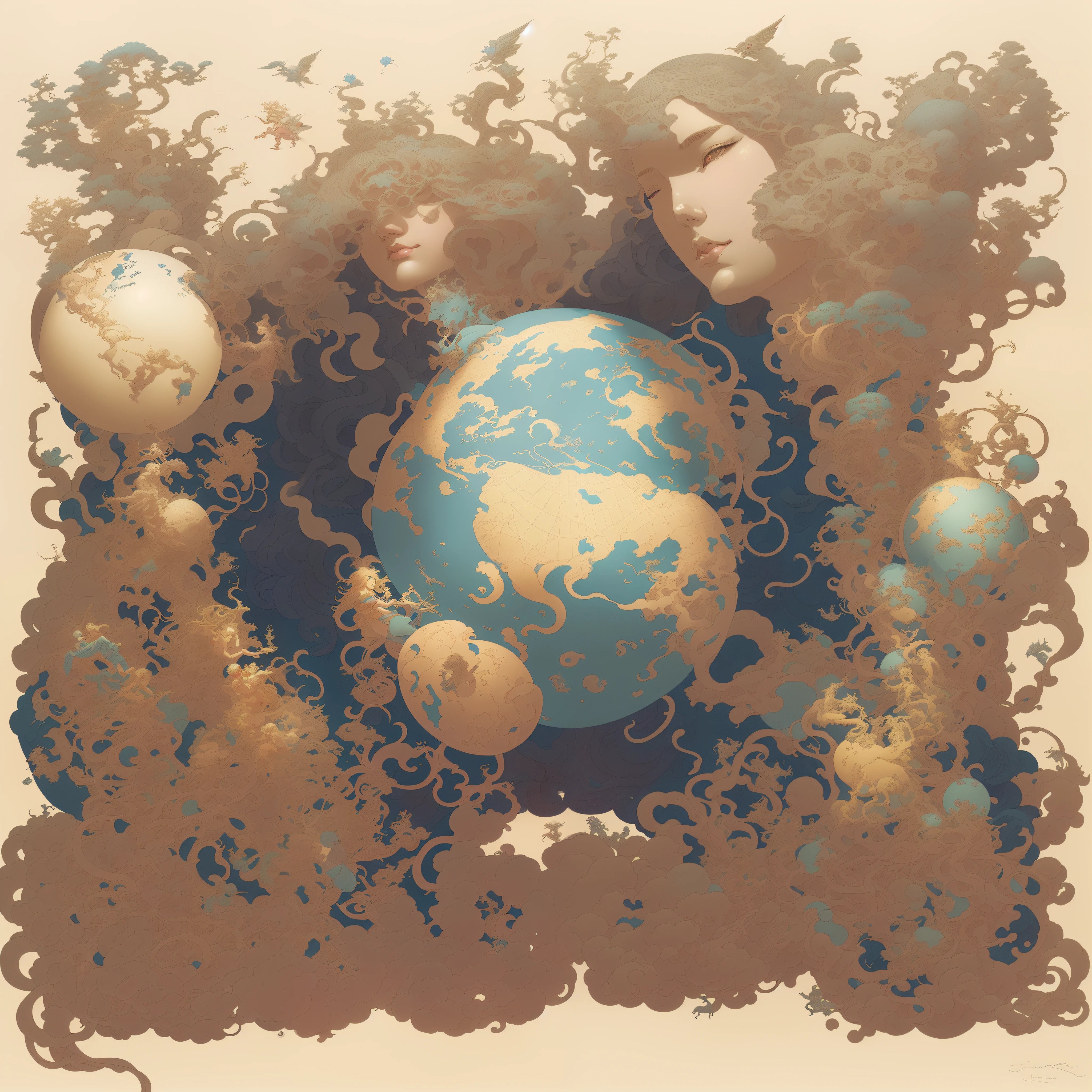 It depicts two people holding a globe in their hands., james jean and peter mohrbacher, James Jean Andrey Ryabobichev, james jean marc simonetti, james jean and wlop, james jean art, james jean artwork, by james jean, by james jean, james jean marc, John Foster, pete mohrbacher