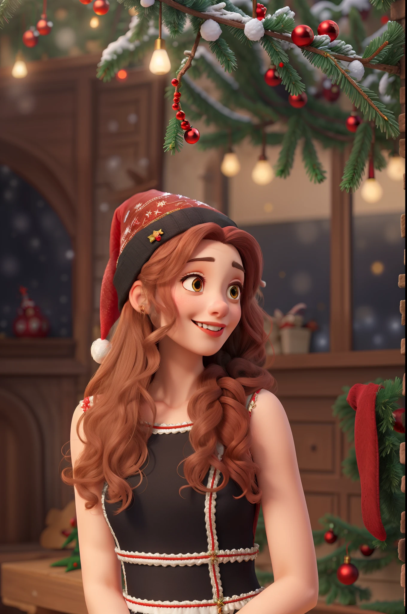 arafed woman with long hair and a black and white dress,HD, (best details), (best quality), disney style, happy, masterpiece, best quality, high resolution, christmas, lights, snow, young people, (((red Christmas hat))) Christmas decoration