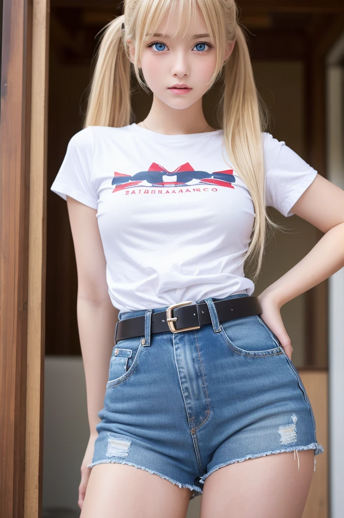 (masterpiece、best quality、extremely detailed 8k、ultra hd、ultra-detailed、highly detailed、highly realistic、photo realistic)、(beautiful realistic face、detailed realistic face)、Extraordinary sexy beauty、angry face、Blonde、long bangs between the eyes,、Super long bright blonde straight hair、twintails、ed bows、red bows in hair、beautiful countenance、Very cute beautiful sexy young little woman、Very perfect beautiful cute face、Glowing big bright light blue eyes、15yo student、blonde、Young Western Woman、Beautiful white shiny skin、White tshirt、bare_shoulders、 blue jeans shorts、belt red、thighhighs、standing forward, looking at viewer, arms stretched to waist, hands closed, angry