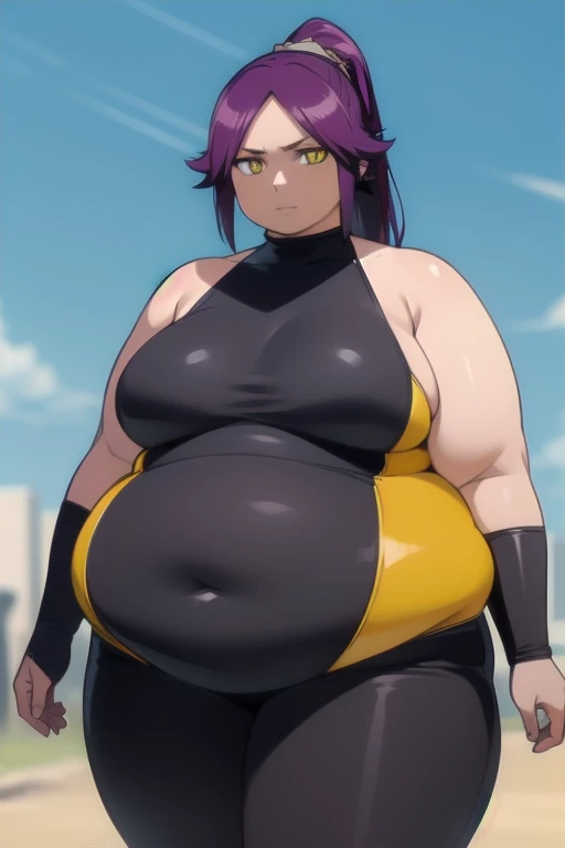 fat yoruichishihouin, yoruichi shihouin, long hair, (yellow eyes:1.5), ponytail, purple hair, dark skin, dark-skinned female,
BREAK bodysuit, obese body, large breasts, black bodysuit, bare arms, bare shoulders, 
BREAK outdoors, thick thighs, fat arms, fat belly, sexy fat girl,
BREAK looking at viewer, (cowboy shot:1.5),
BREAK (masterpiece:1.2), best quality, high resolution, unity 8k wallpaper, (illustration:0.8), (beautiful detailed eyes:1.6), extremely detailed face, perfect lighting, extremely detailed CG, (perfect hands, perfect anatomy)